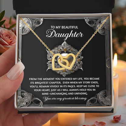 To My Beautiful Daughter - Interlocking Hearts Necklace with Sentimental Message – Birthday, Graduation, Christmas Jewelry – Luxury LED Box Option - Mallard Moon Gift Shop