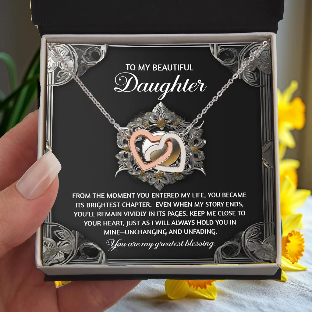 To My Beautiful Daughter - Interlocking Hearts Necklace with Sentimental Message – Birthday, Graduation, Christmas Jewelry – Luxury LED Box Option