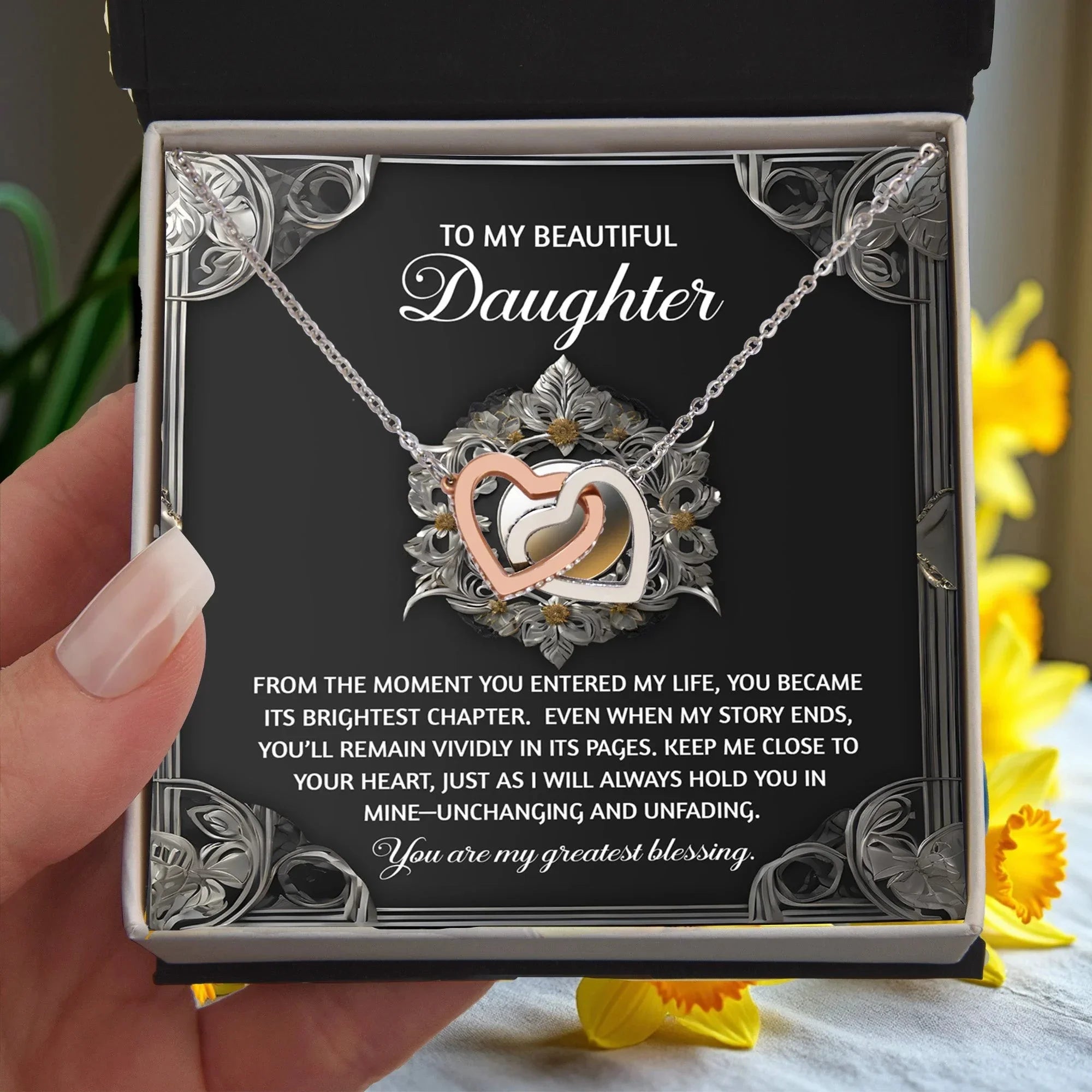 To My Beautiful Daughter - Interlocking Hearts Necklace with Sentimental Message – Birthday, Graduation, Christmas Jewelry – Luxury LED Box Option