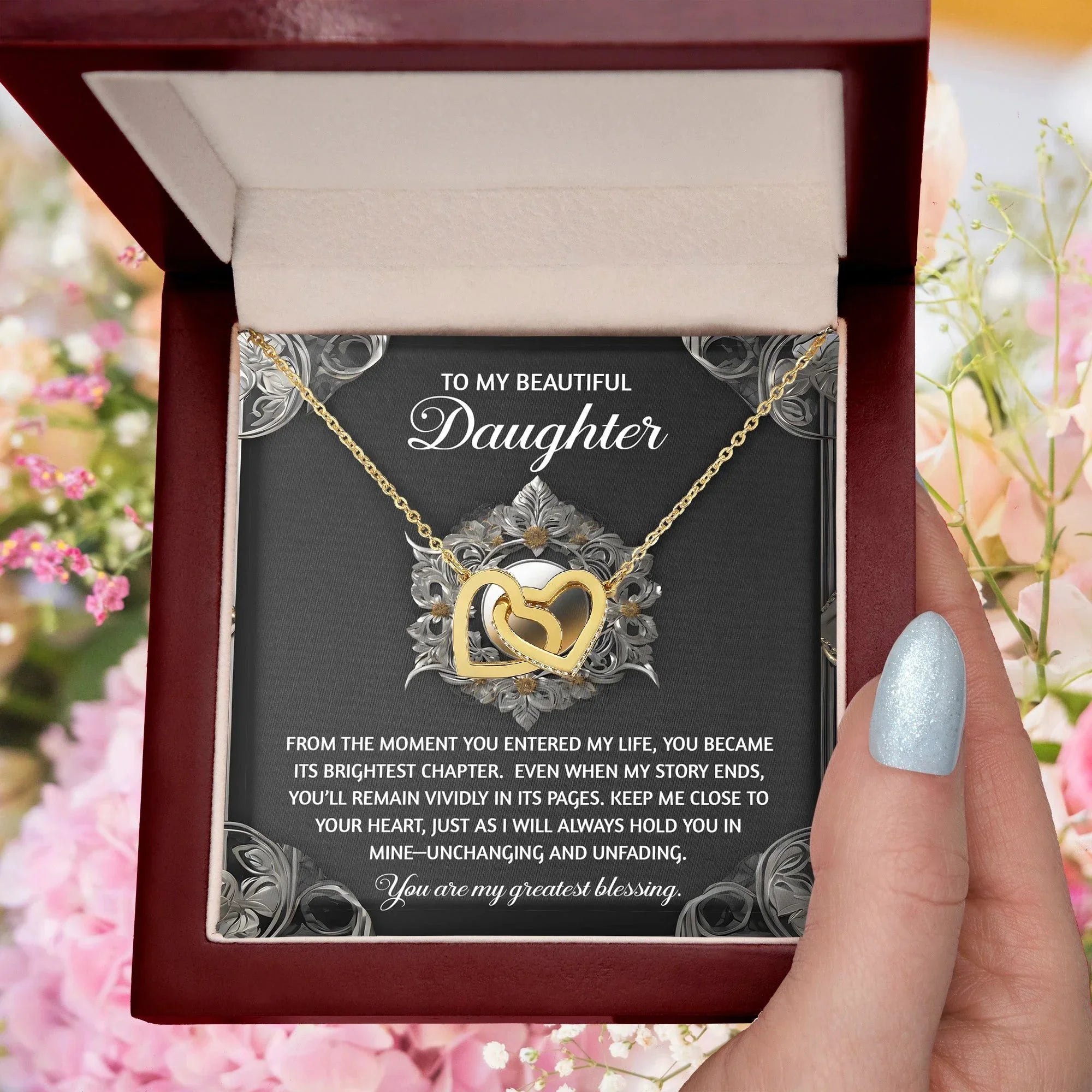 To My Beautiful Daughter - Interlocking Hearts Necklace with Sentimental Message – Birthday, Graduation, Christmas Jewelry – Luxury LED Box Option