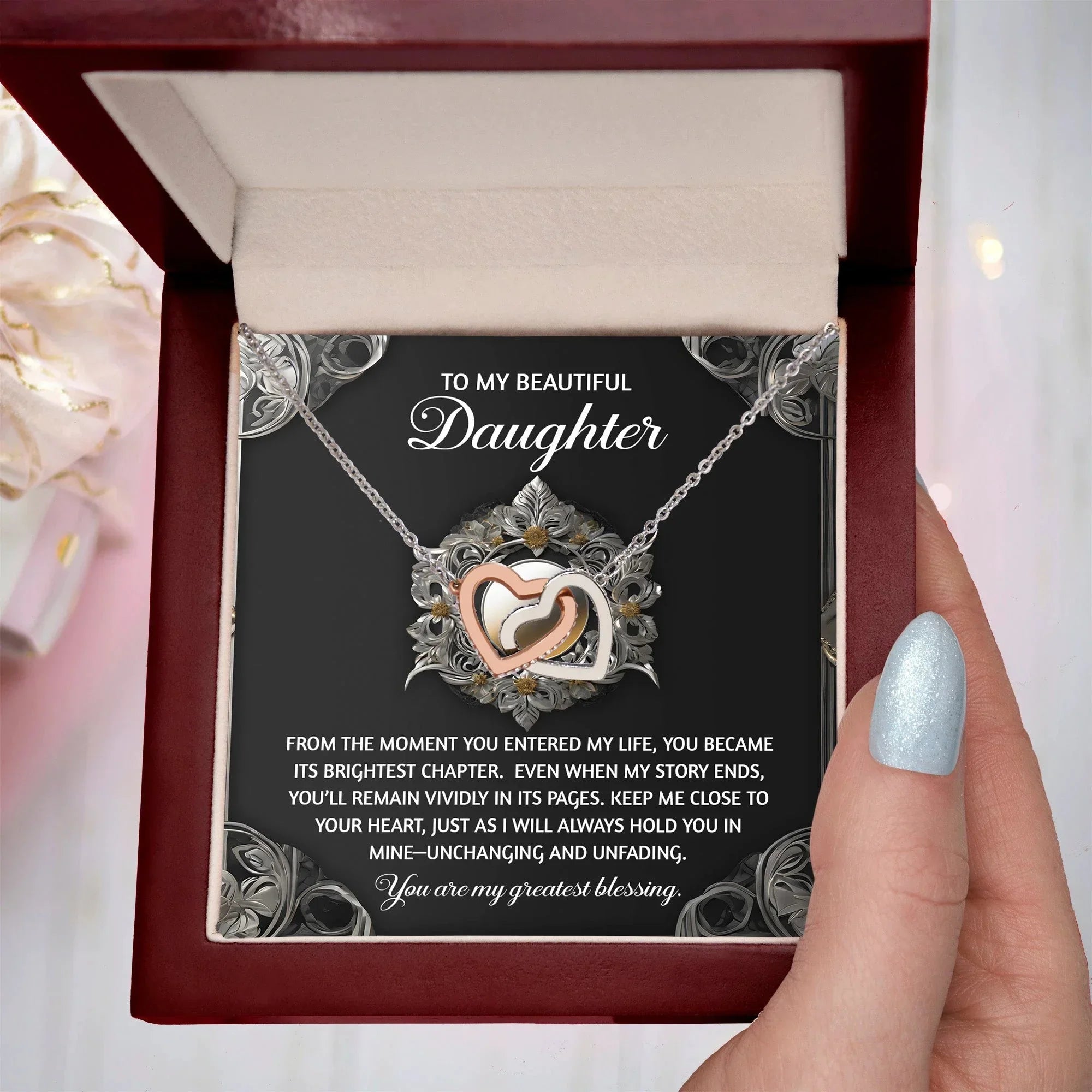 To My Beautiful Daughter - Interlocking Hearts Necklace with Sentimental Message – Birthday, Graduation, Christmas Jewelry – Luxury LED Box Option