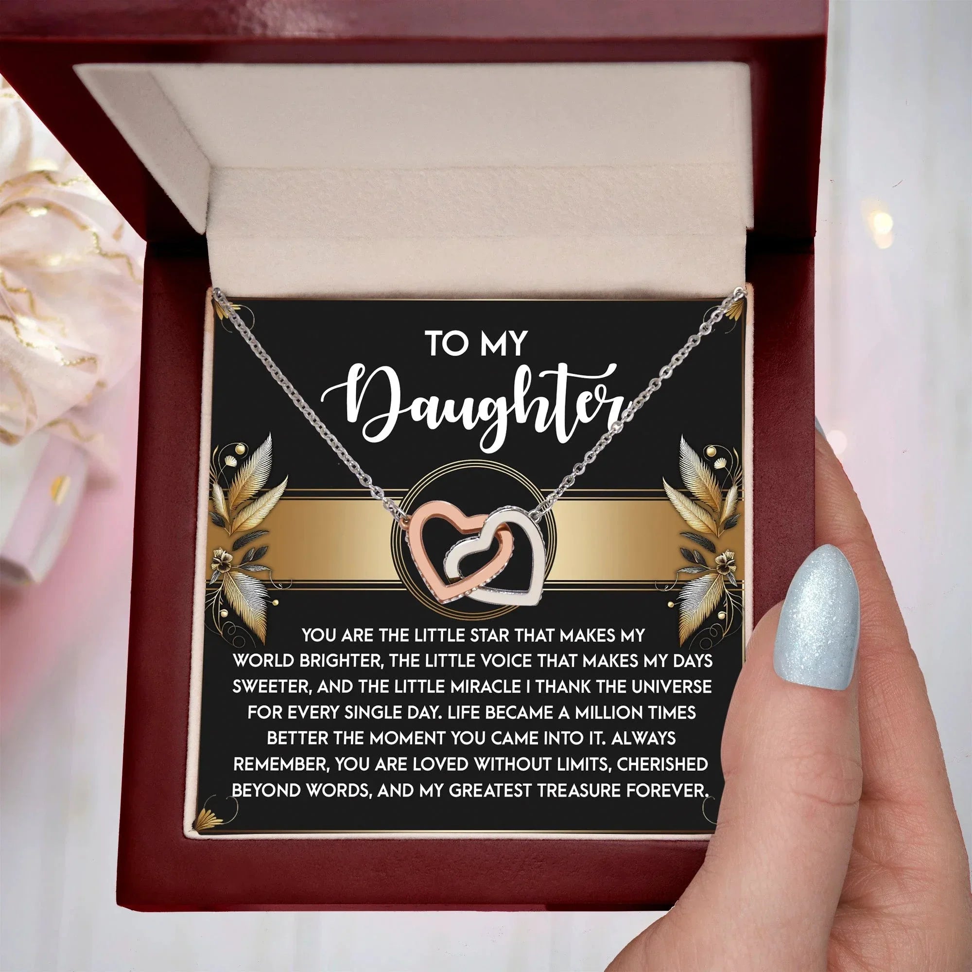 To My Daughter - My Greatest Treasure Interlocking Hearts Necklace Birthday, Graduation, Christmas Gift