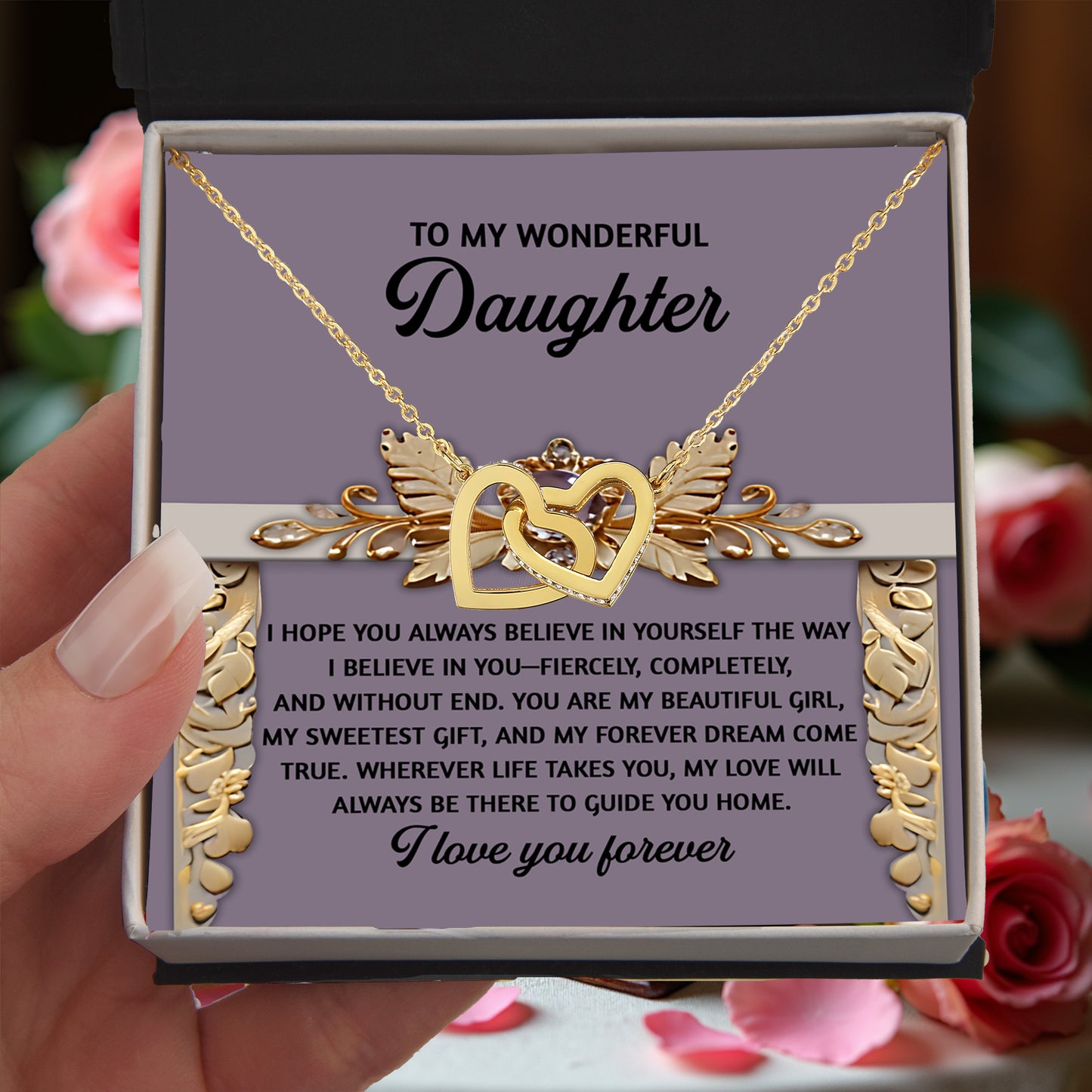 To My Wonderful Daughter - A Gift of Encouragement & Unconditional Love - Interlocking Hearts Necklace - Mallard Moon Gift Shop