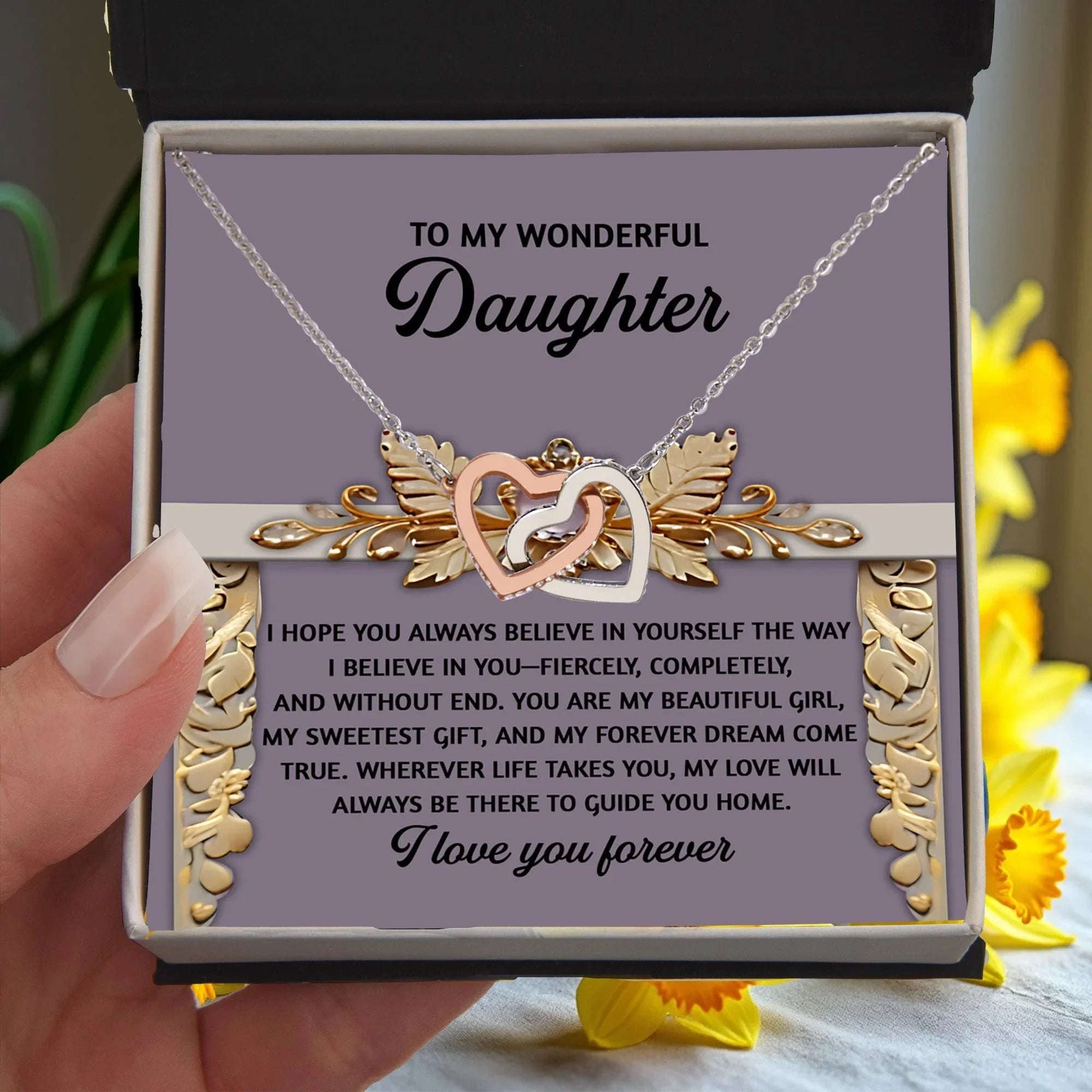 To My Wonderful Daughter - A Gift of Encouragement & Unconditional Love - Interlocking Hearts Necklace