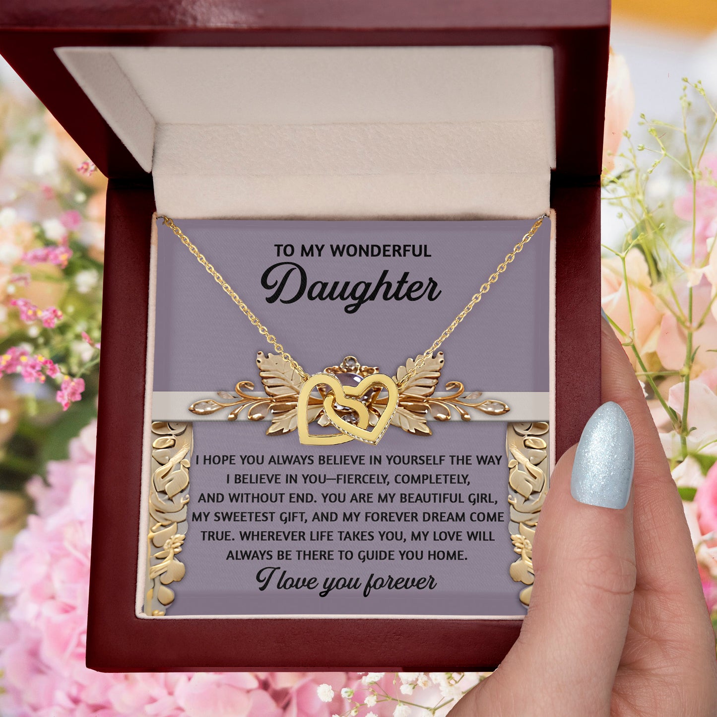 To My Wonderful Daughter - A Gift of Encouragement & Unconditional Love - Interlocking Hearts Necklace - Mallard Moon Gift Shop