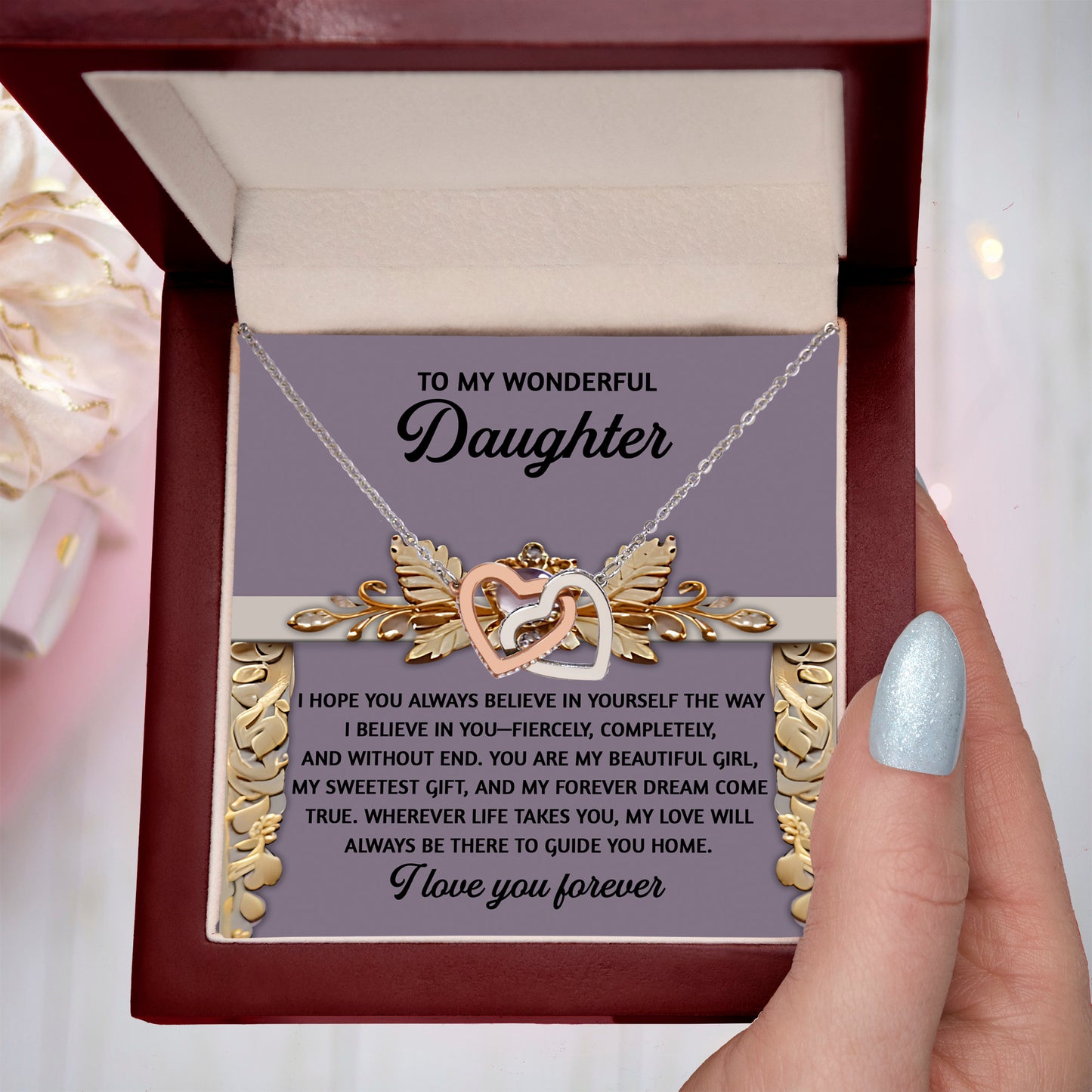 To My Wonderful Daughter - A Gift of Encouragement & Unconditional Love - Interlocking Hearts Necklace - Mallard Moon Gift Shop