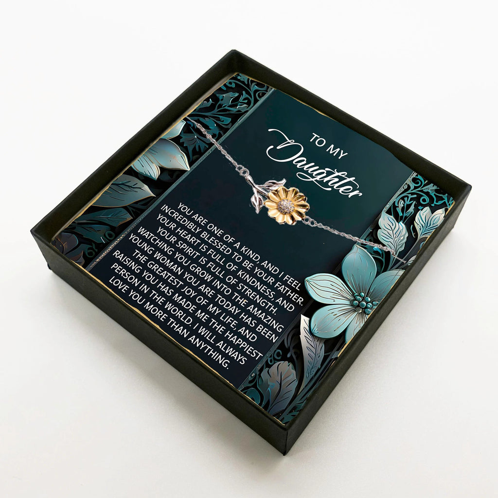 Sunflower Bracelet for Daughter – 925 Sterling Silver with 18K Gold-Plated Petals – Adjustable Chain, Elegant Jewelry Gift from Dad – Includes Heartfelt Message Card