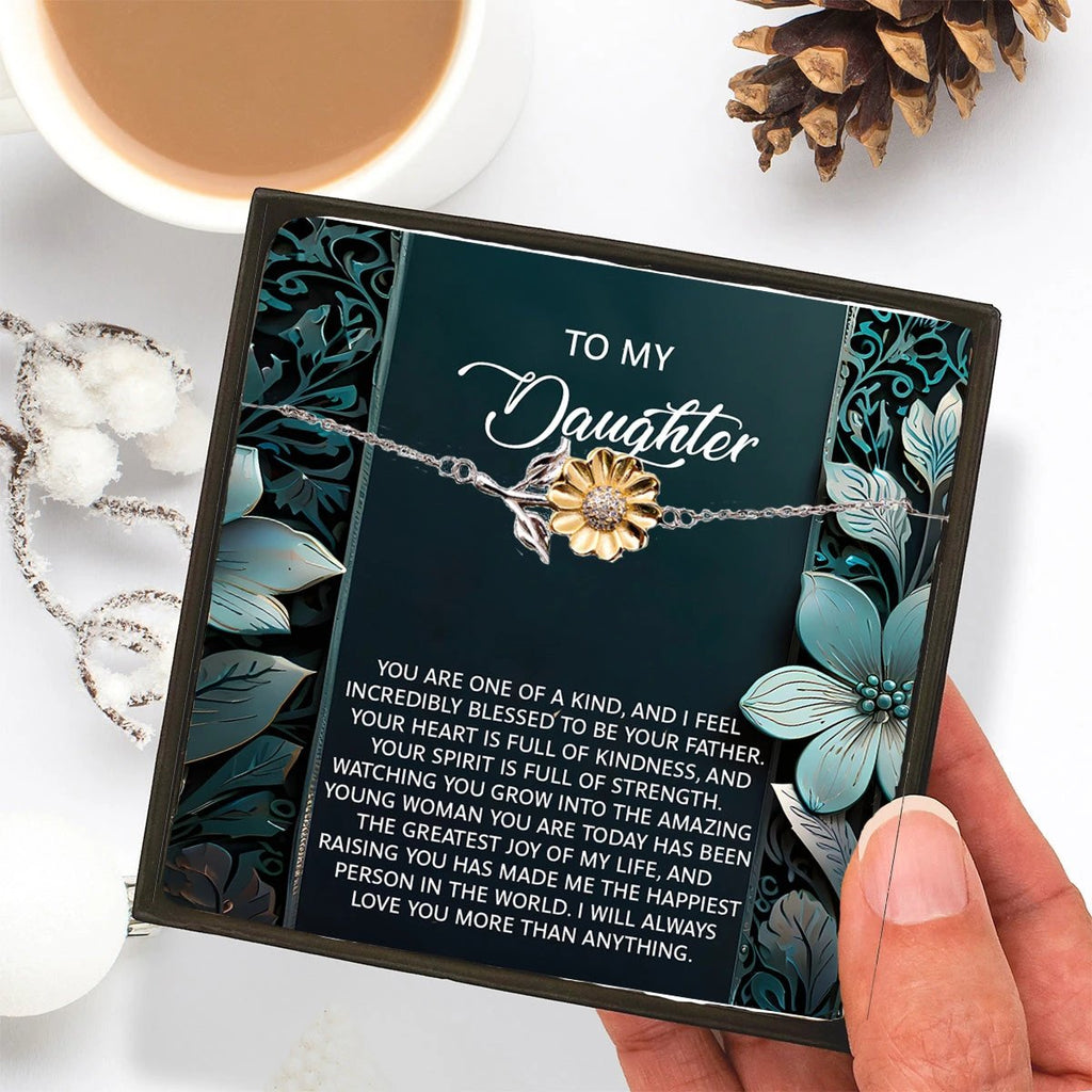 Sunflower Bracelet for Daughter – 925 Sterling Silver with 18K Gold-Plated Petals – Adjustable Chain, Elegant Jewelry Gift from Dad – Includes Heartfelt Message Card