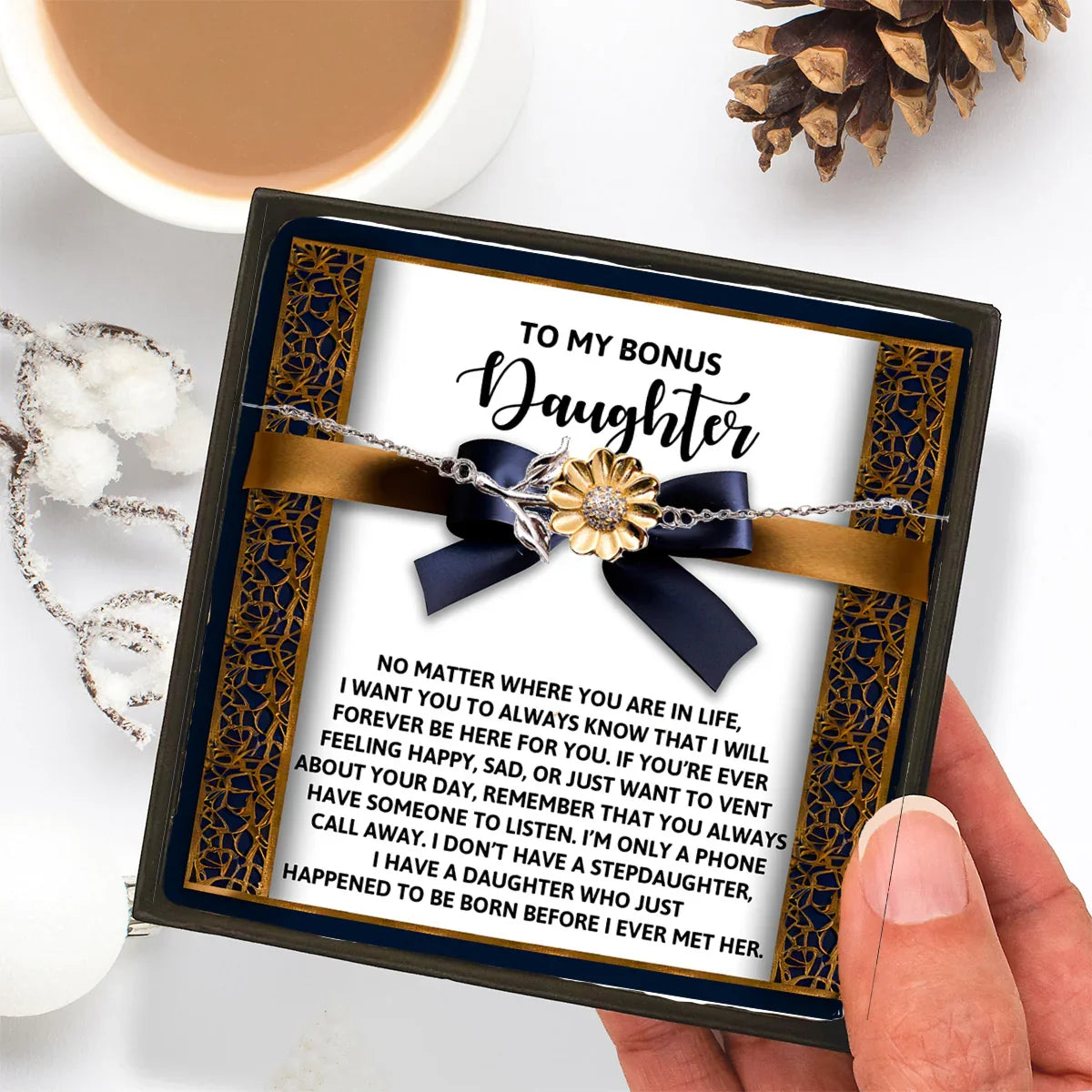 Sunflower Bracelet for Bonus Daughter – 925 Sterling Silver with 18K Gold-Plated Petals – Adjustable Chain, Meaningful Jewelry Gift from Stepparent – Includes Heartfelt Message Card