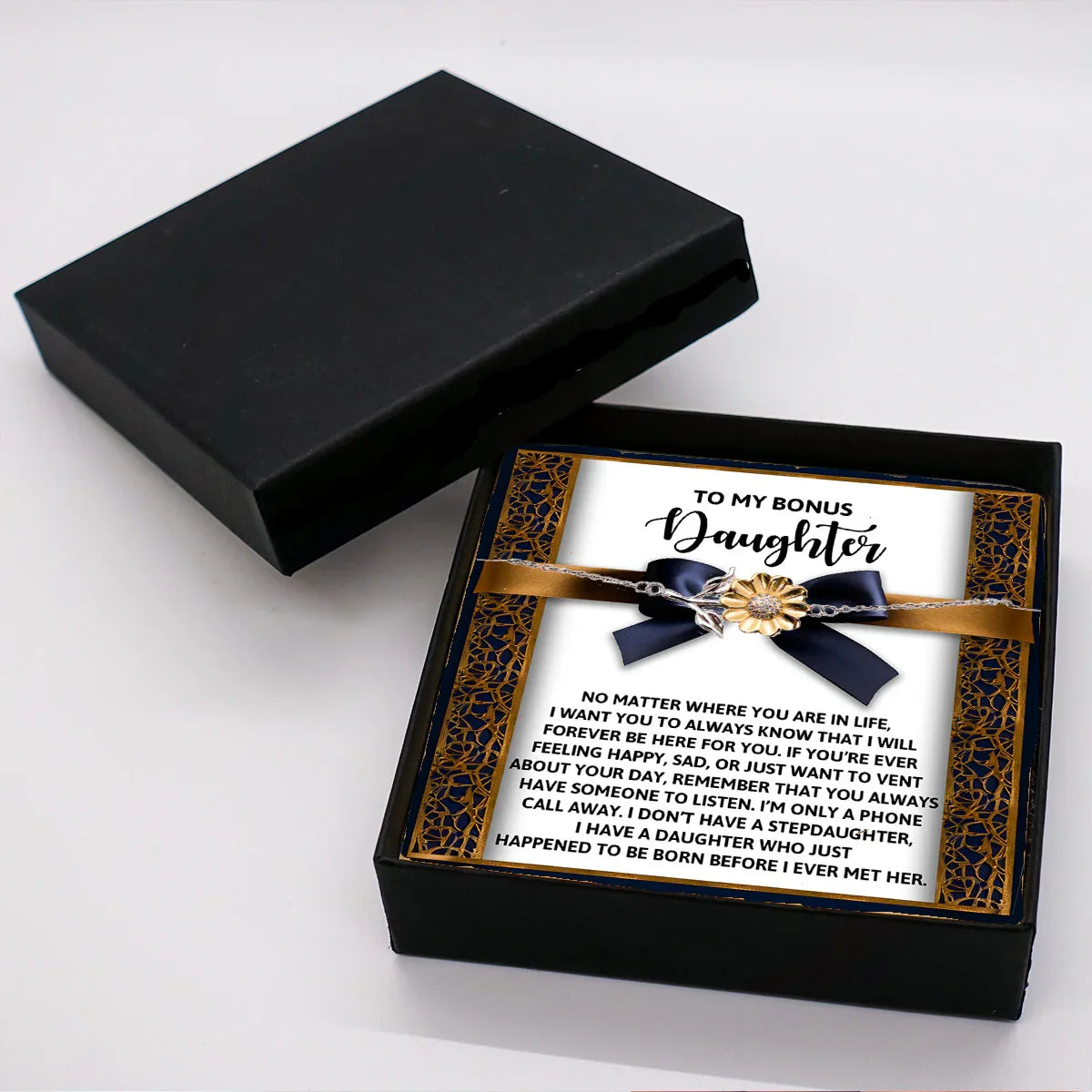 Sunflower Bracelet for Bonus Daughter – 925 Sterling Silver with 18K Gold-Plated Petals – Adjustable Chain, Meaningful Jewelry Gift from Stepparent – Includes Heartfelt Message Card