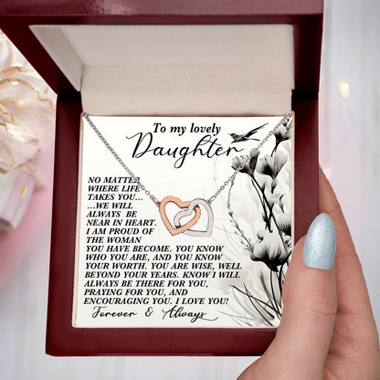 Daughter Gift - No Matter Where Life Takes You, I’ll Be There - Interlocking Hearts Necklace - Mallard Moon Gift Shop