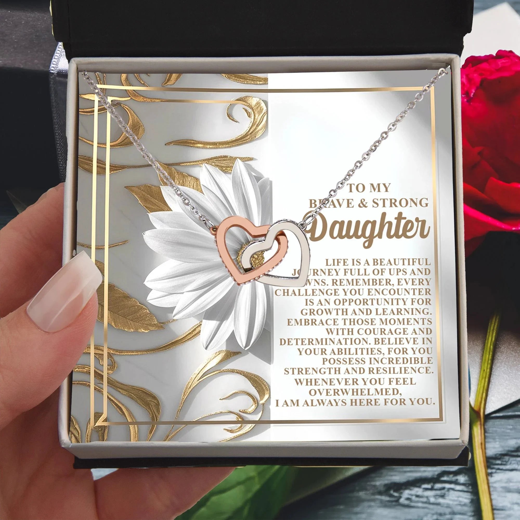 To My Brave & Strong Daughter - Inspirational Gift of Strength & Courage - Interlocking Hearts Necklace