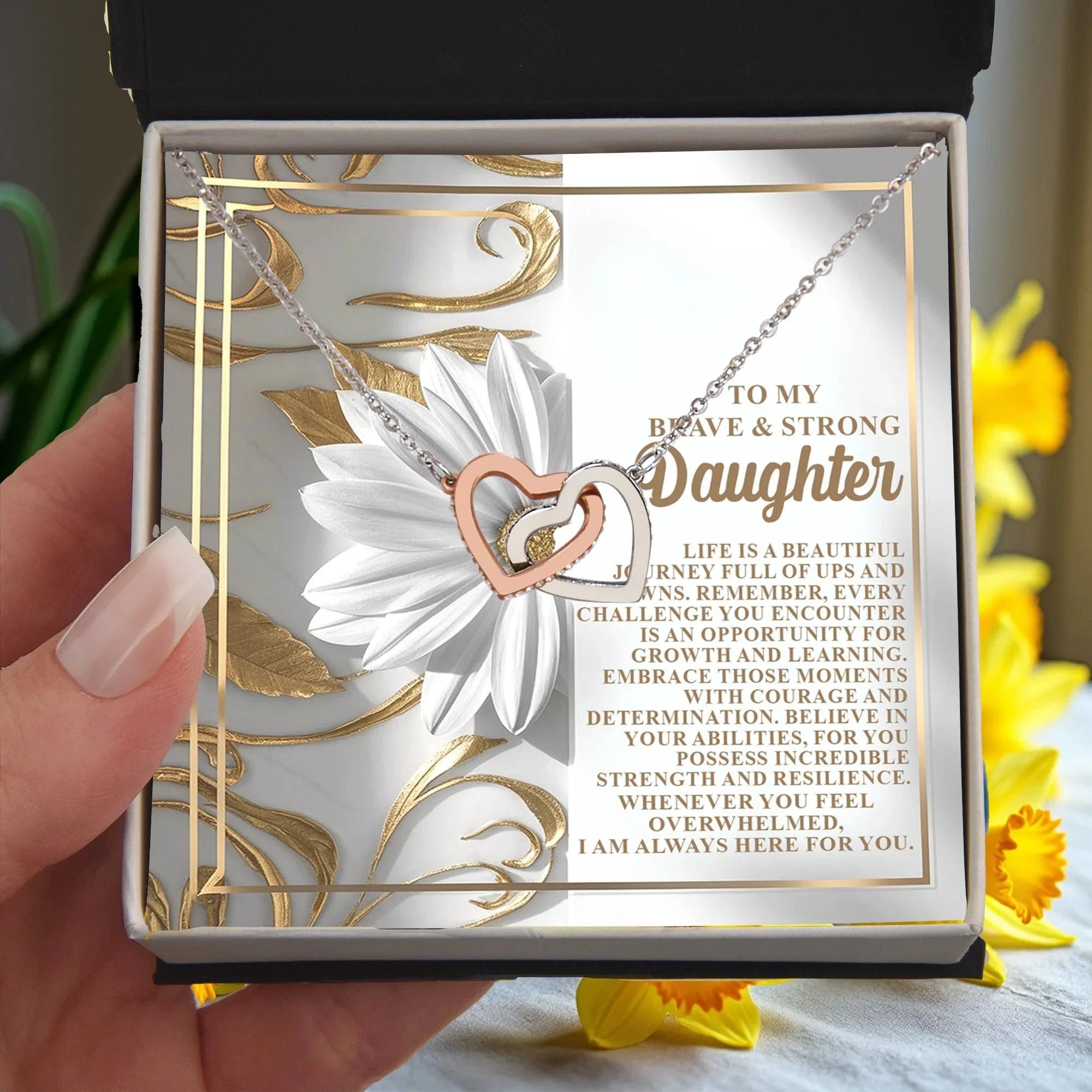 To My Brave & Strong Daughter - Inspirational Gift of Strength & Courage - Interlocking Hearts Necklace