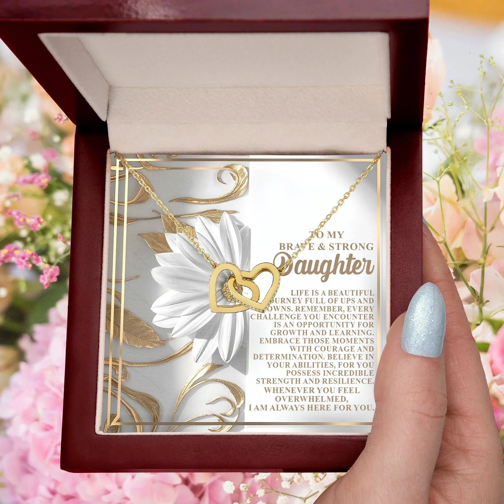 To My Brave & Strong Daughter - Inspirational Gift of Strength & Courage - Interlocking Hearts Necklace