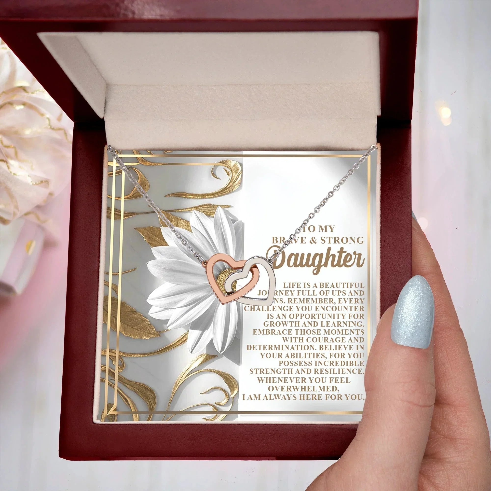 To My Brave & Strong Daughter - Inspirational Gift of Strength & Courage - Interlocking Hearts Necklace