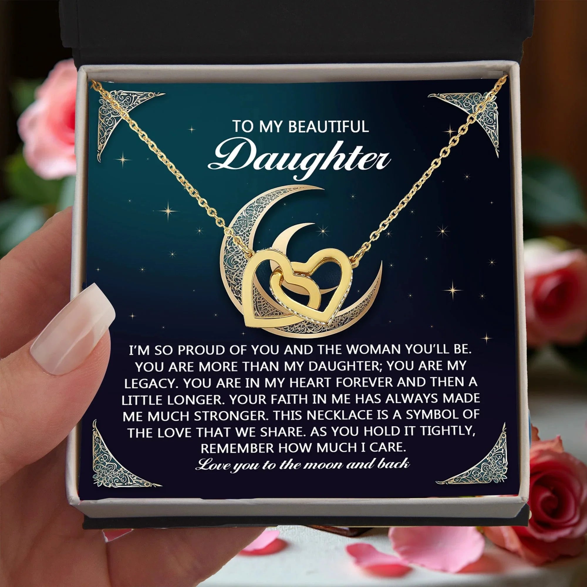 To My Beautiful Daughter - Love You to the Moon & Back Gift – Interlocking Hearts Necklace