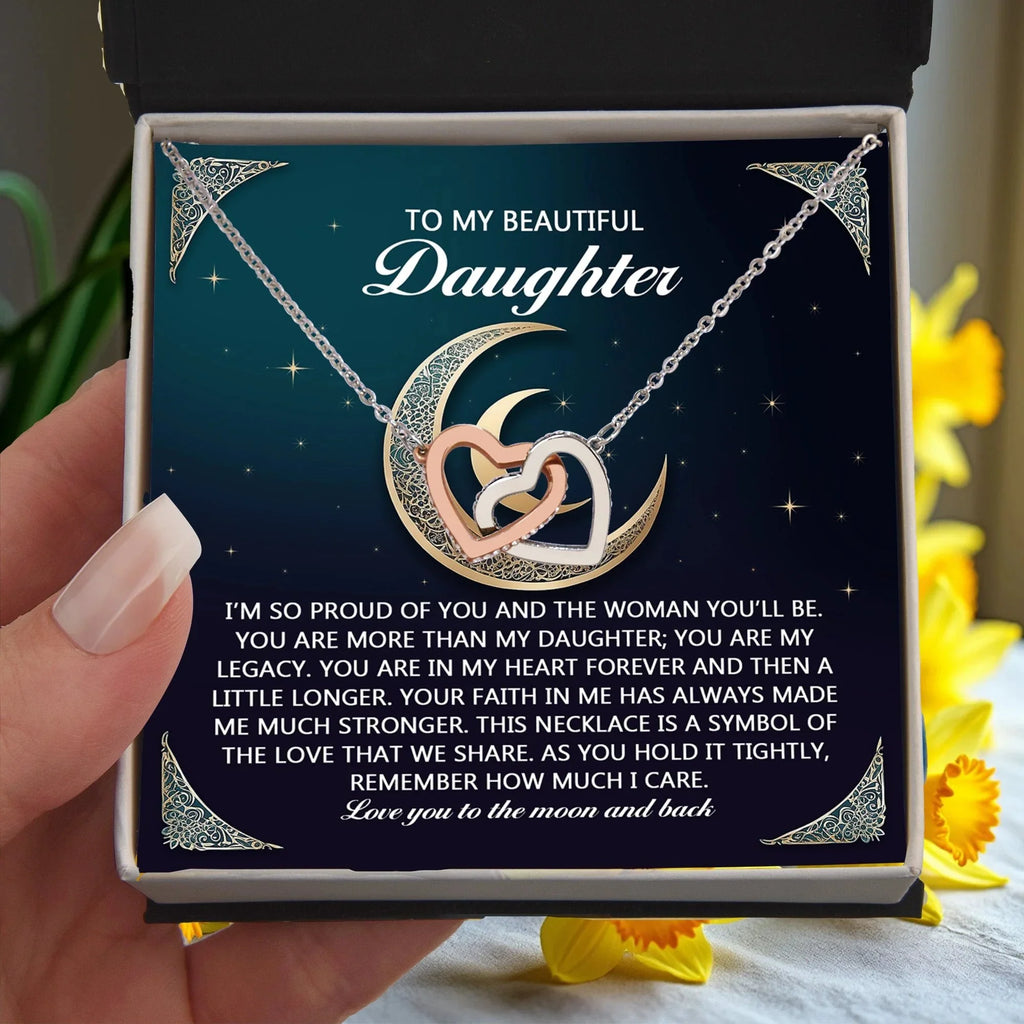 To My Beautiful Daughter - Love You to the Moon & Back Gift – Interlocking Hearts Necklace