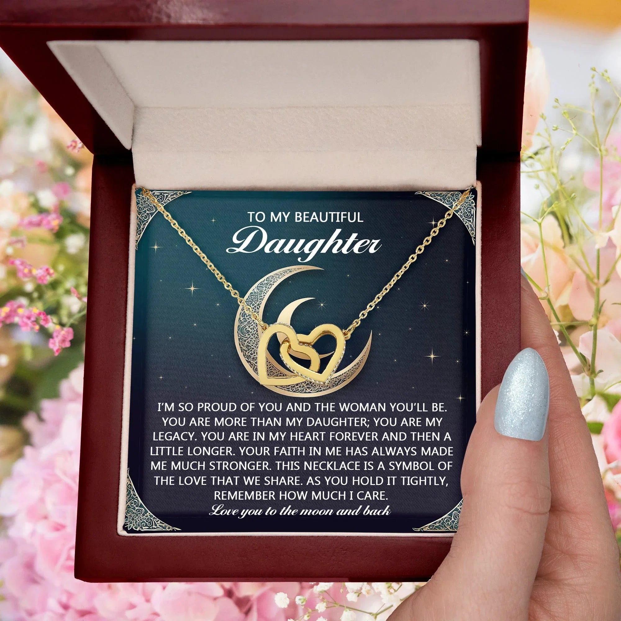To My Beautiful Daughter - Love You to the Moon & Back Gift – Interlocking Hearts Necklace