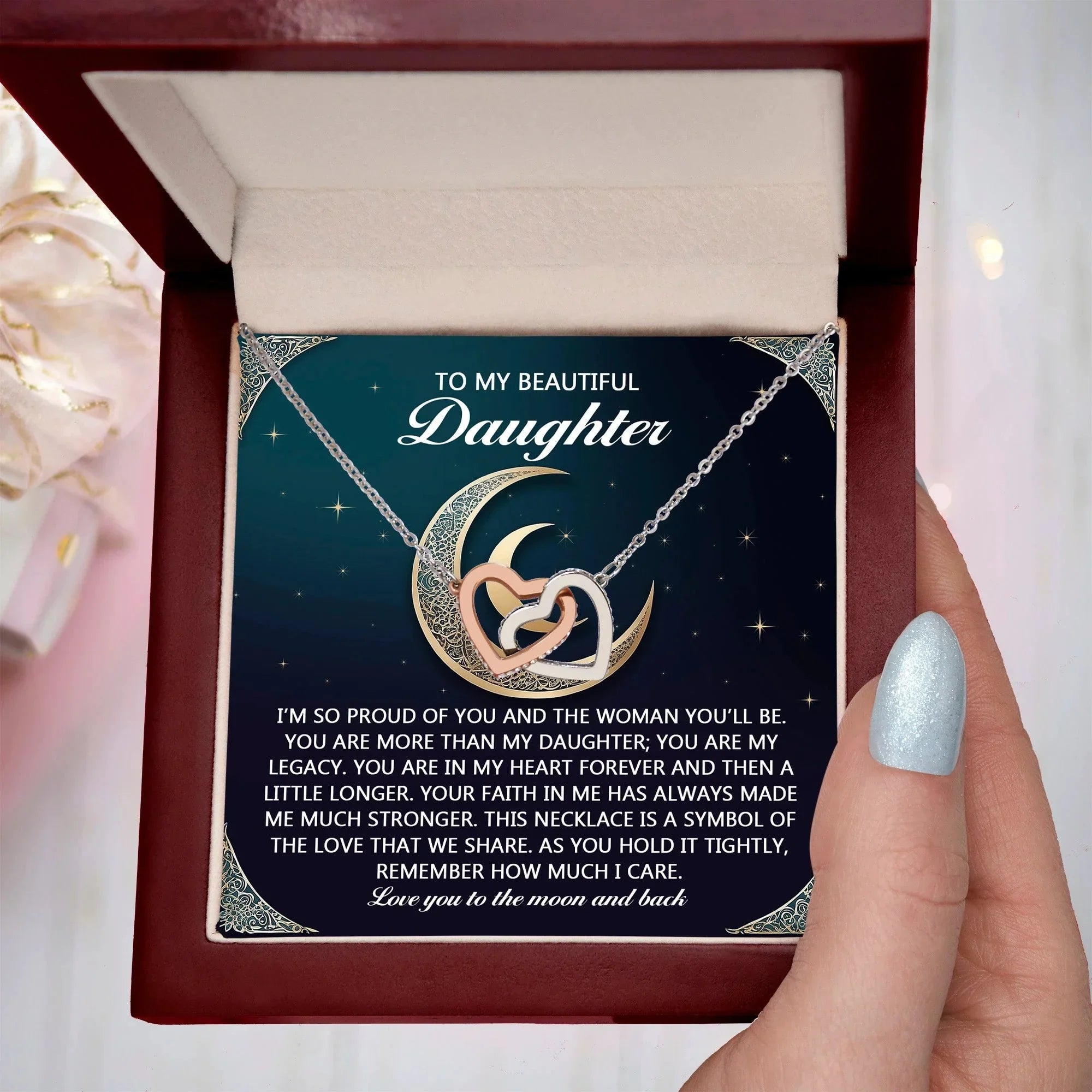 To My Beautiful Daughter - Love You to the Moon & Back Gift – Interlocking Hearts Necklace