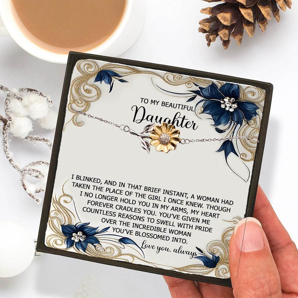 Sunflower Bracelet for Daughter - I Blinked - 925 Sterling Silver with 18K Gold-Plated Petals – Meaningful Jewelry Gift from Parent – Includes Heartfelt Message Card