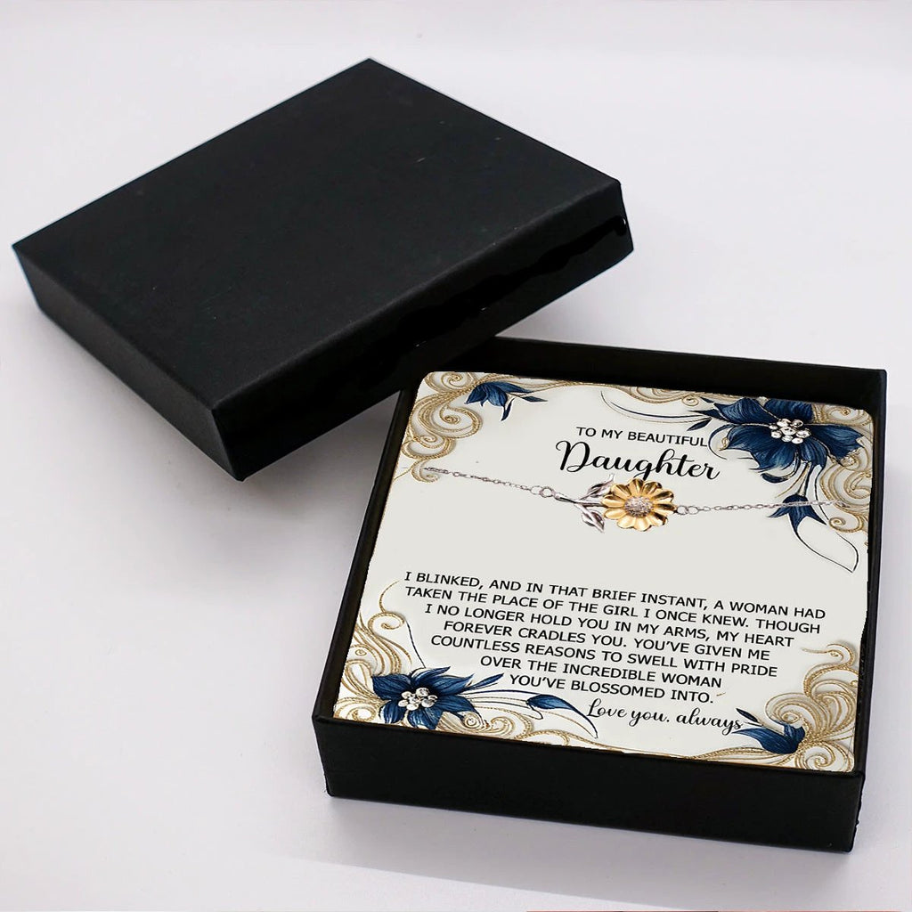Sunflower Bracelet for Daughter - I Blinked - 925 Sterling Silver with 18K Gold-Plated Petals – Meaningful Jewelry Gift from Parent – Includes Heartfelt Message Card