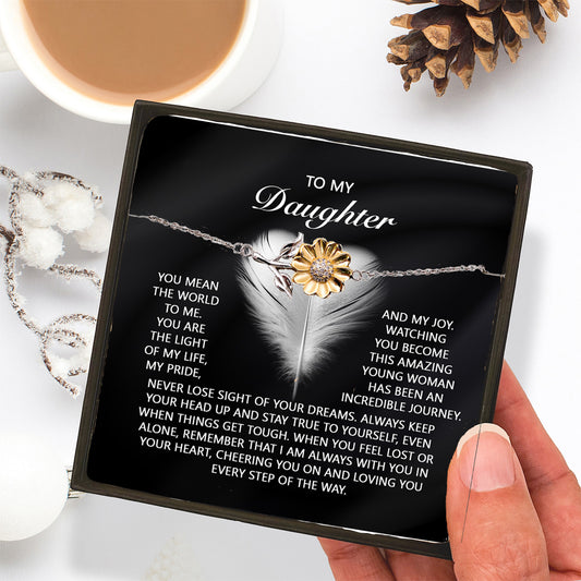 Daughter Sunflower Bracelet- My Pride and Joy – 925 Sterling Silver with 18K Gold-Plated Petals – Inspirational Jewelry Gift from Parent – Includes Heartfelt Message Card - Mallard Moon Gift Shop