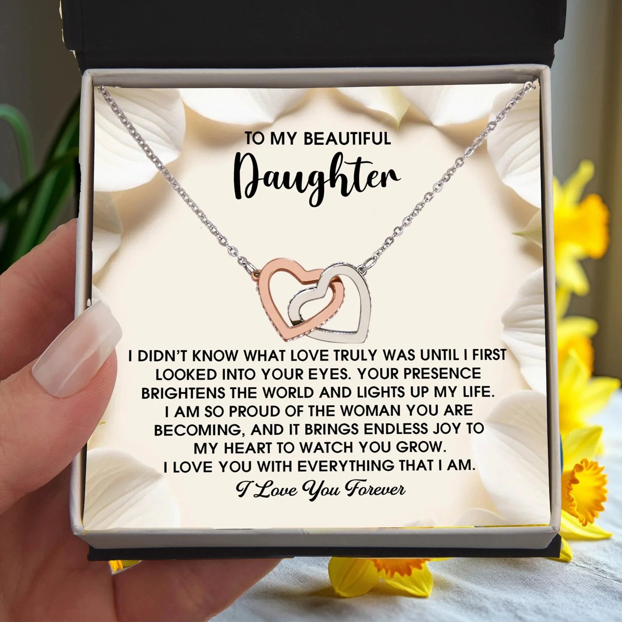 To My Beautiful Daughter – A Heartfelt Gift of Love & Pride- Interlocking Hearts Necklace