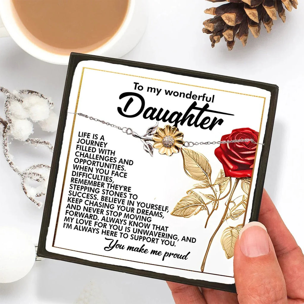 To My Wonderful Daughter – You Make Me Proud – Motivational Sunflower Bracelet Gift with Message of Love and Support