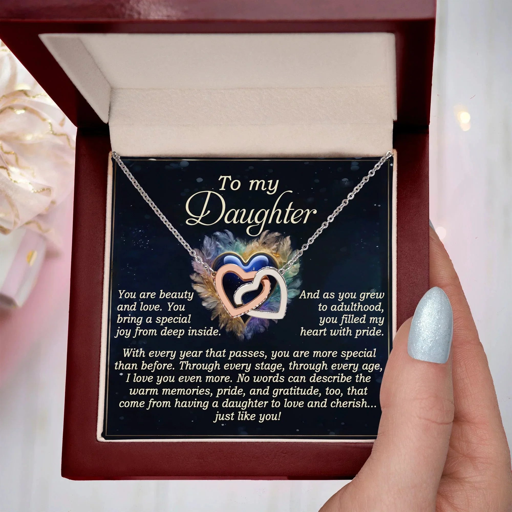 To My Daughter - Sentimental Gift of Love & Pride - Interlocking Hearts Necklace