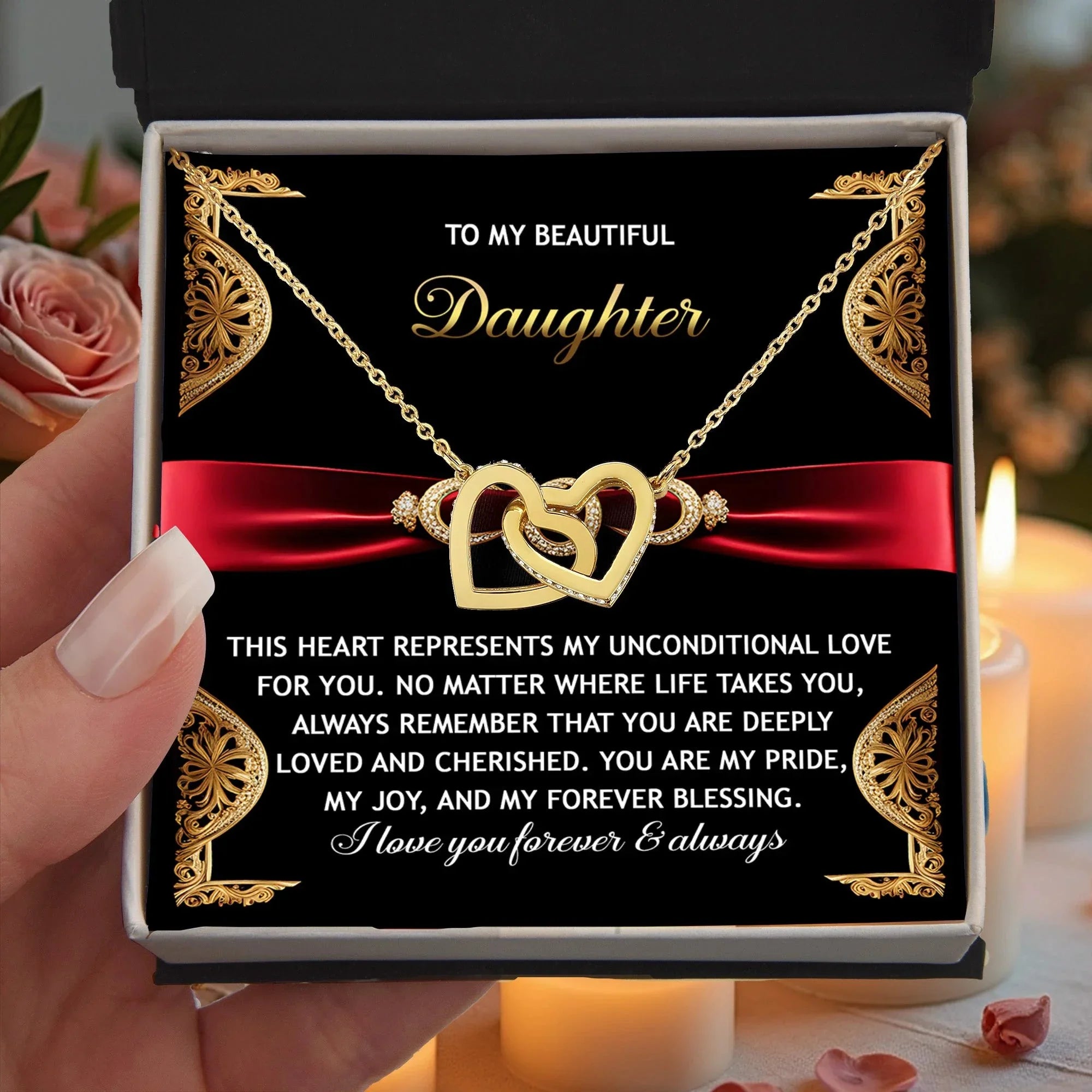 To My Beautiful Daughter - Unconditional Love - Interlocking Hearts Necklace