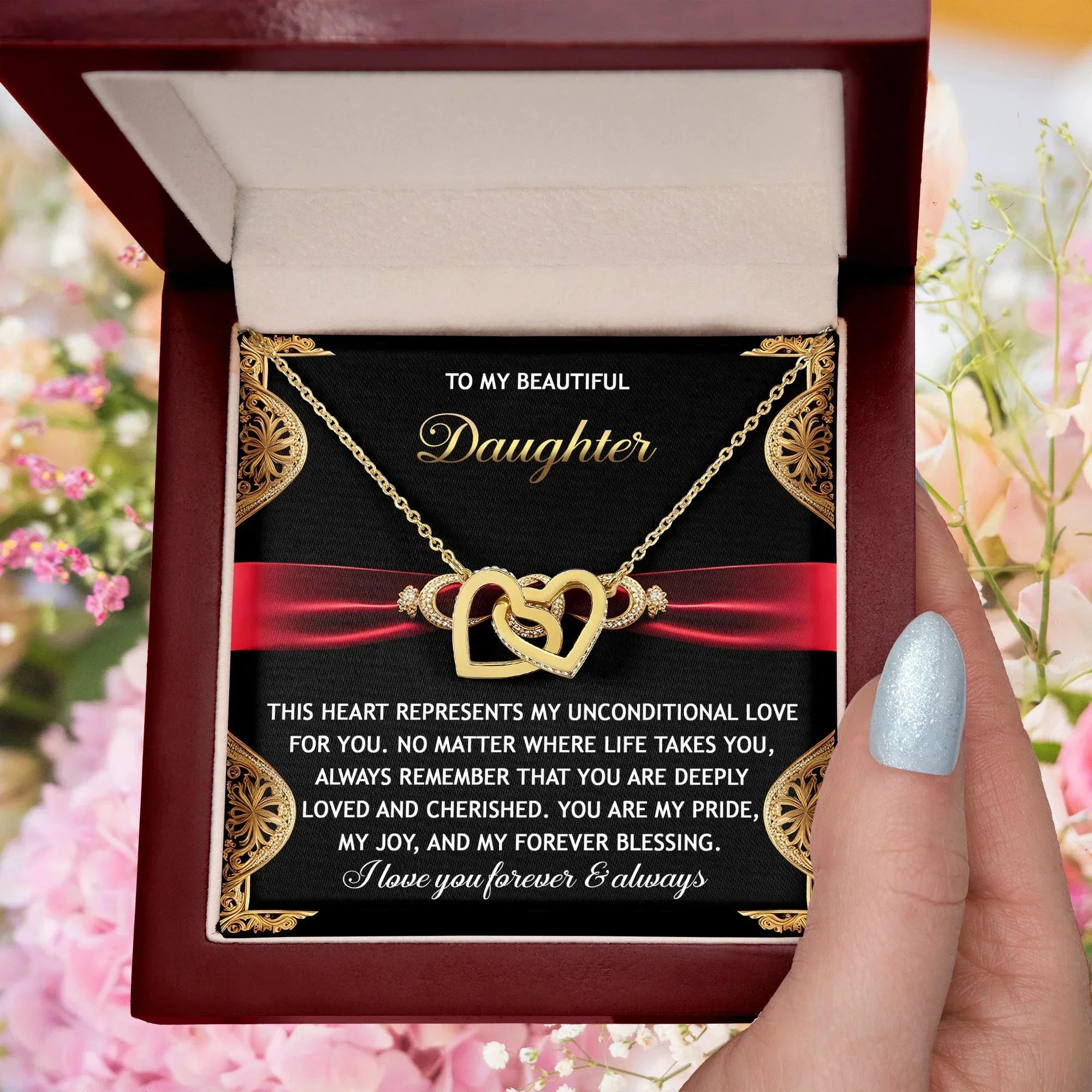 To My Beautiful Daughter - Unconditional Love - Interlocking Hearts Necklace