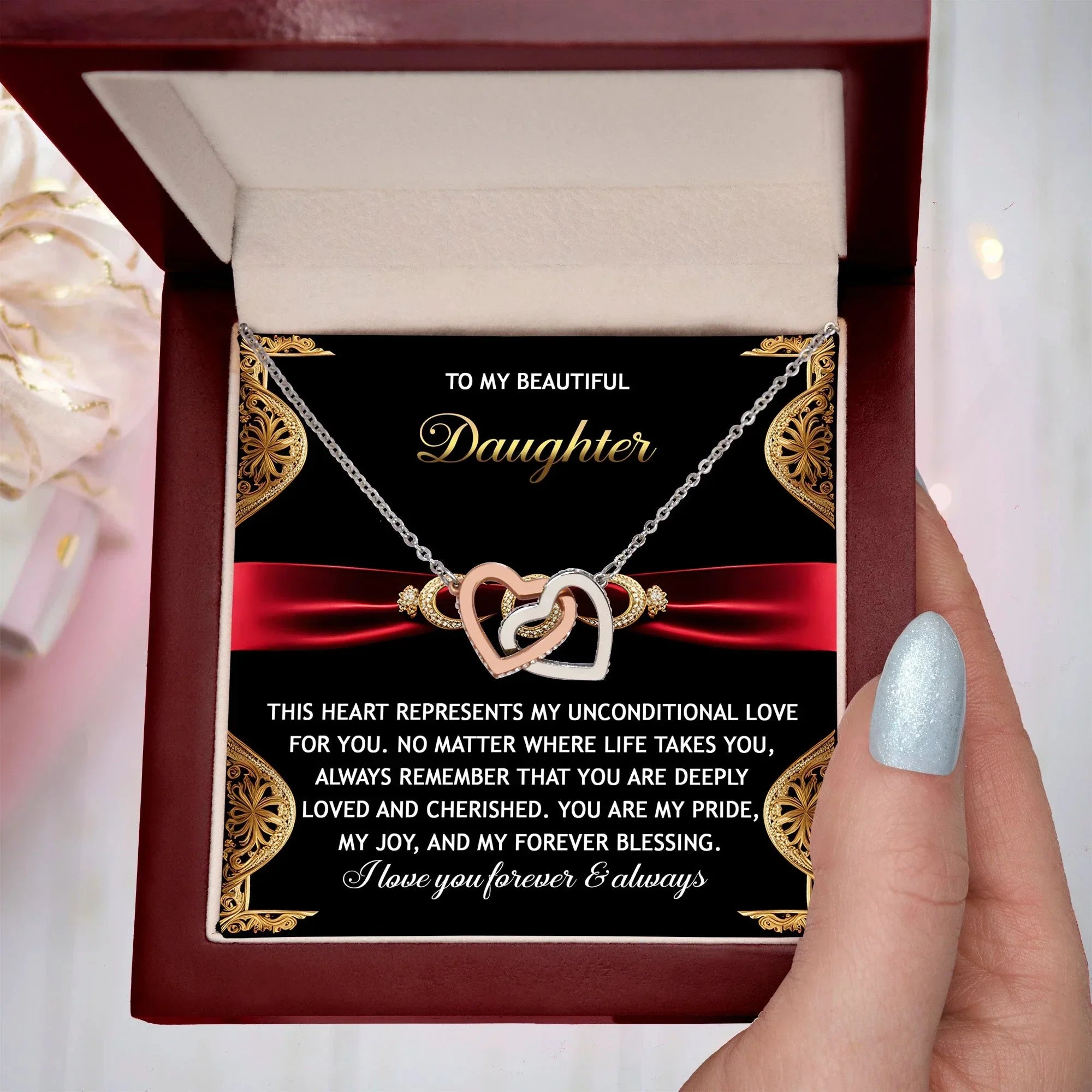 To My Beautiful Daughter - Unconditional Love - Interlocking Hearts Necklace