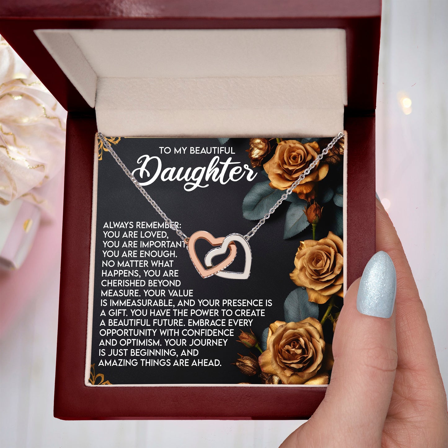 To My Beautiful Daughter – You Are Loved, You Are Important, You Are Enough– Empowering Necklace Gift with Message Card - Mallard Moon Gift Shop