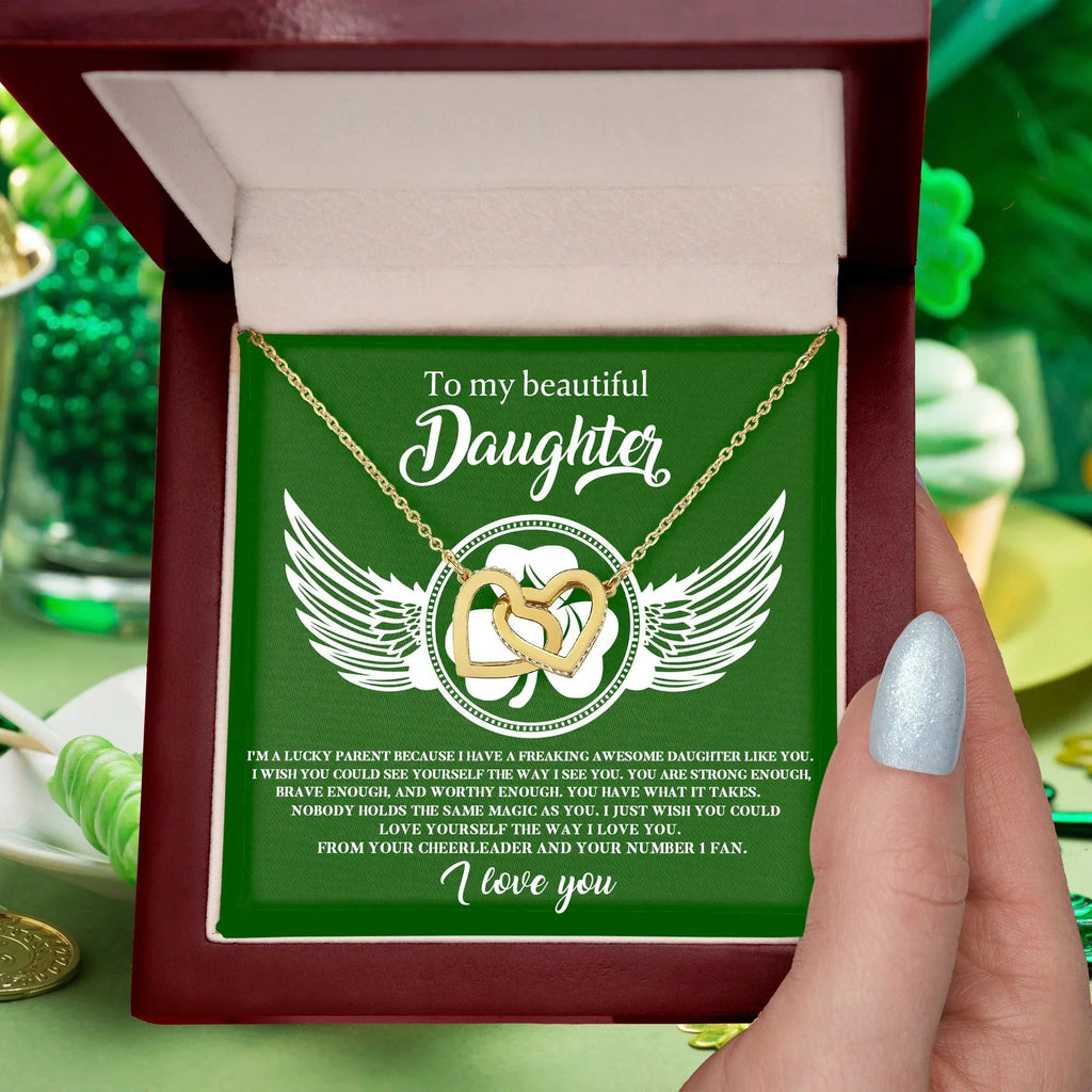 To My Beautiful Daughter – A Lucky & Loving Gift of Strength and Encouragement- Interlocking Hearts Necklace with Inspirational Message