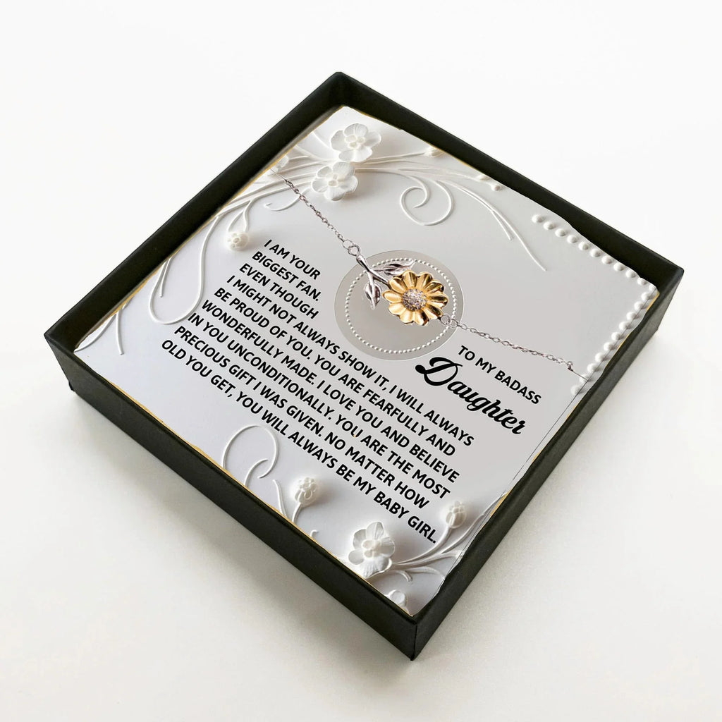 Badass Daughter Sunflower Bracelet – I Am Your Biggest Fan – Birthday, Graduation, Christmas Jewelry Gift From Parent