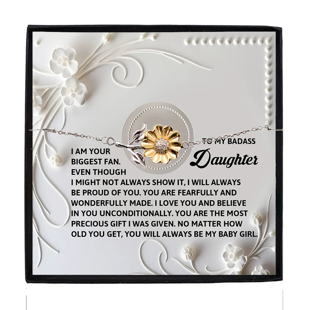 Badass Daughter Sunflower Bracelet – I Am Your Biggest Fan – Birthday, Graduation, Christmas Jewelry Gift From Parent