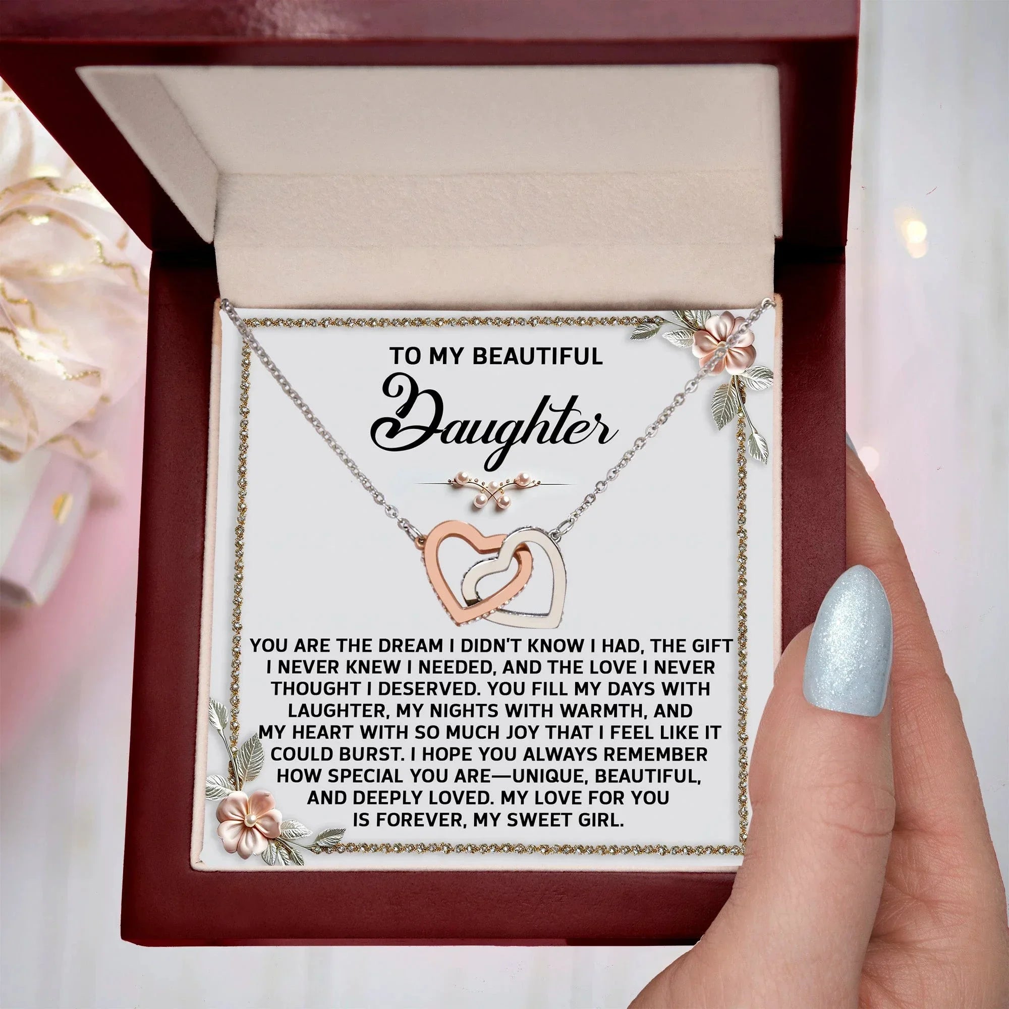 To My Beautiful Daughter - A Sentimental Gift of Love & Joy - Interlocking Hearts Necklace