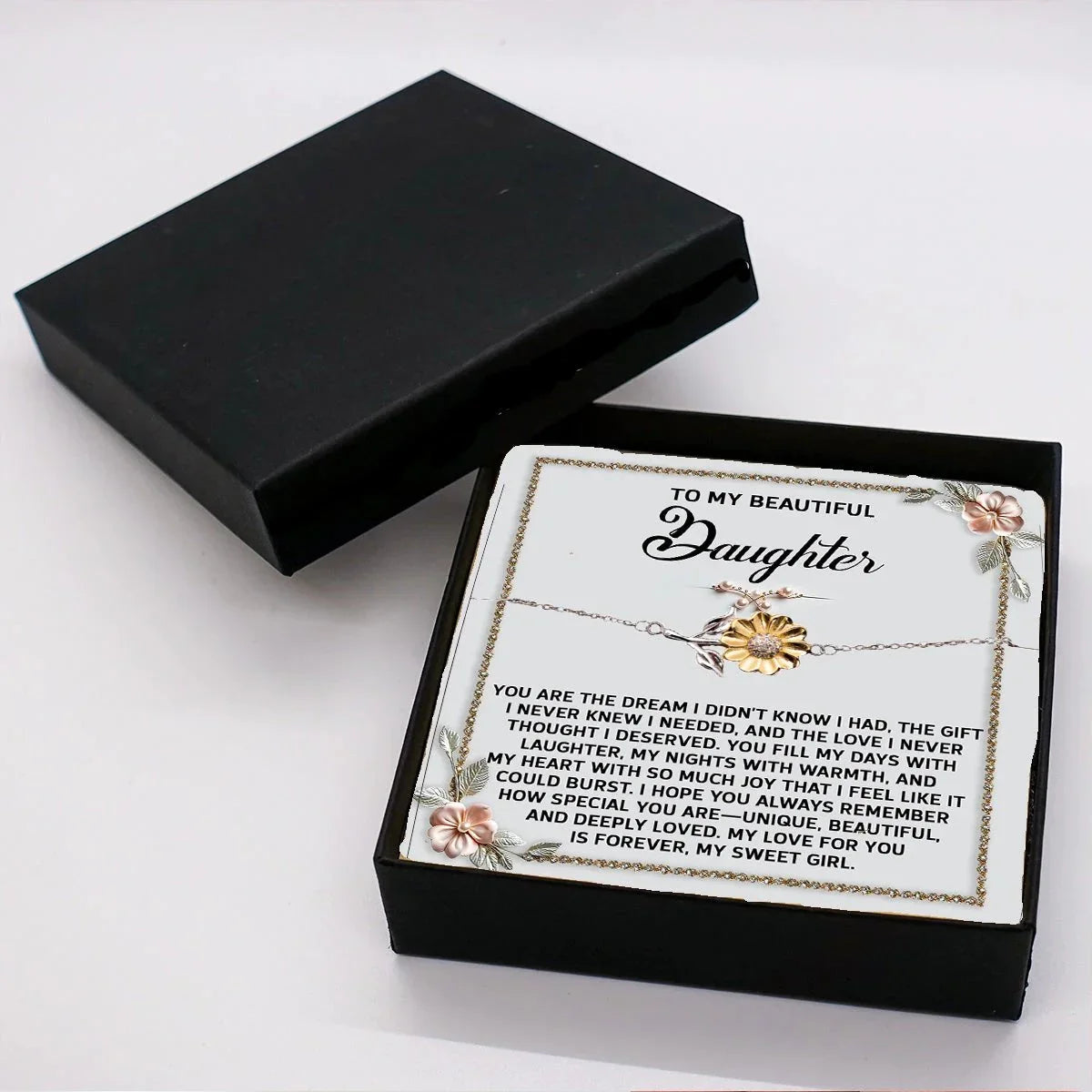 Daughter Sunflower Bracelet – 925 Sterling Silver with 18K Gold-Plated Petals – Sentimental Jewelry Gift from Parent – Includes Heartfelt Message Card