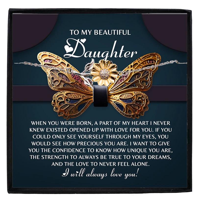 Daughter Sunflower Bracelet – 925 Sterling Silver with 18K Gold-Plated Petals – Adjustable Chain, Elegant Jewelry Gift – Includes Heartfelt Message Card