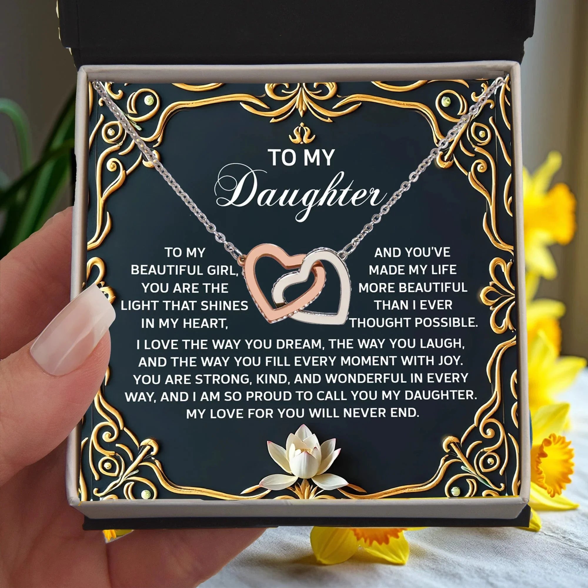 To My Daughter A Heartfelt Gift of Love & Pride Interlocking Hearts Necklace – A Timeless Symbol of Love & Pride