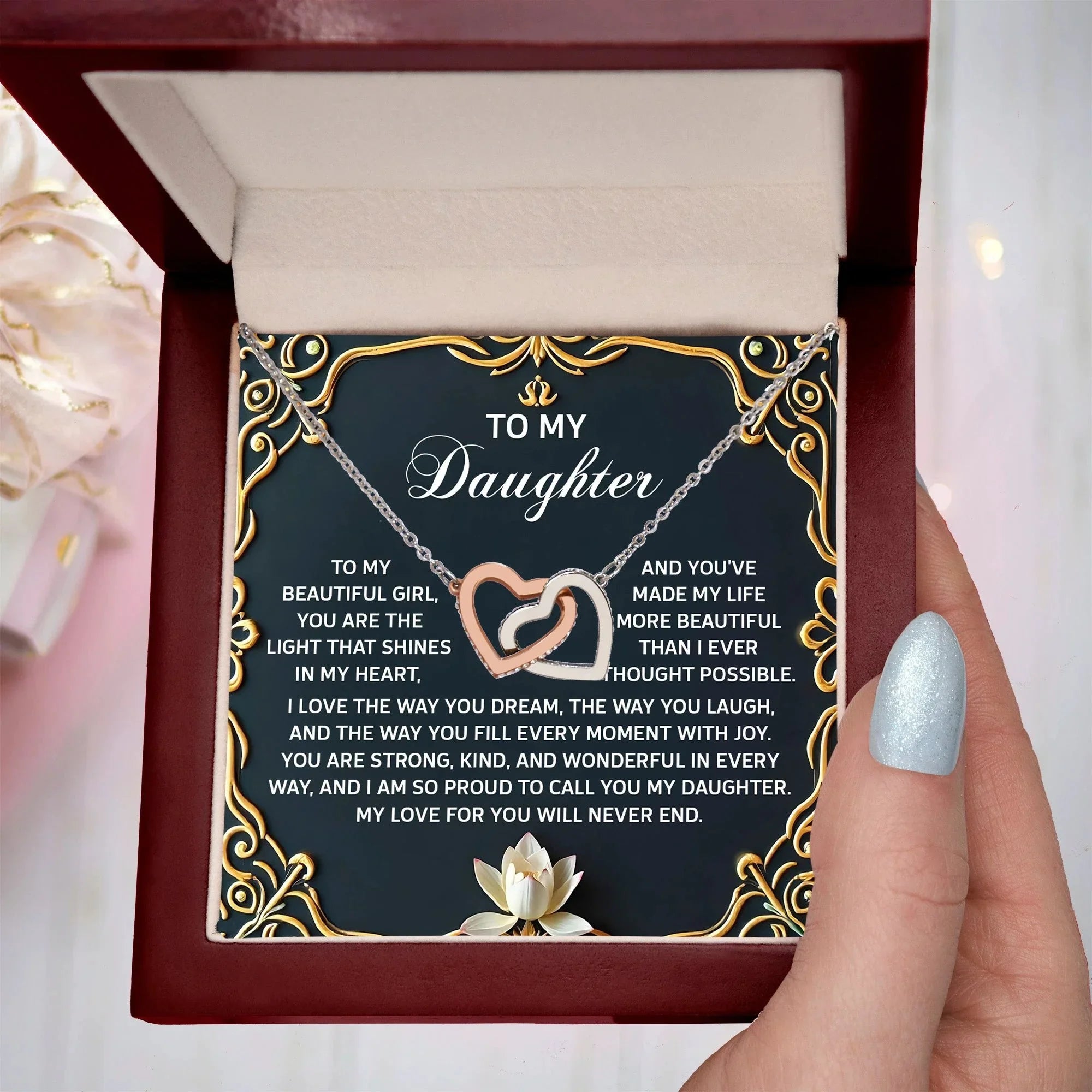 To My Daughter A Heartfelt Gift of Love & Pride Interlocking Hearts Necklace – A Timeless Symbol of Love & Pride