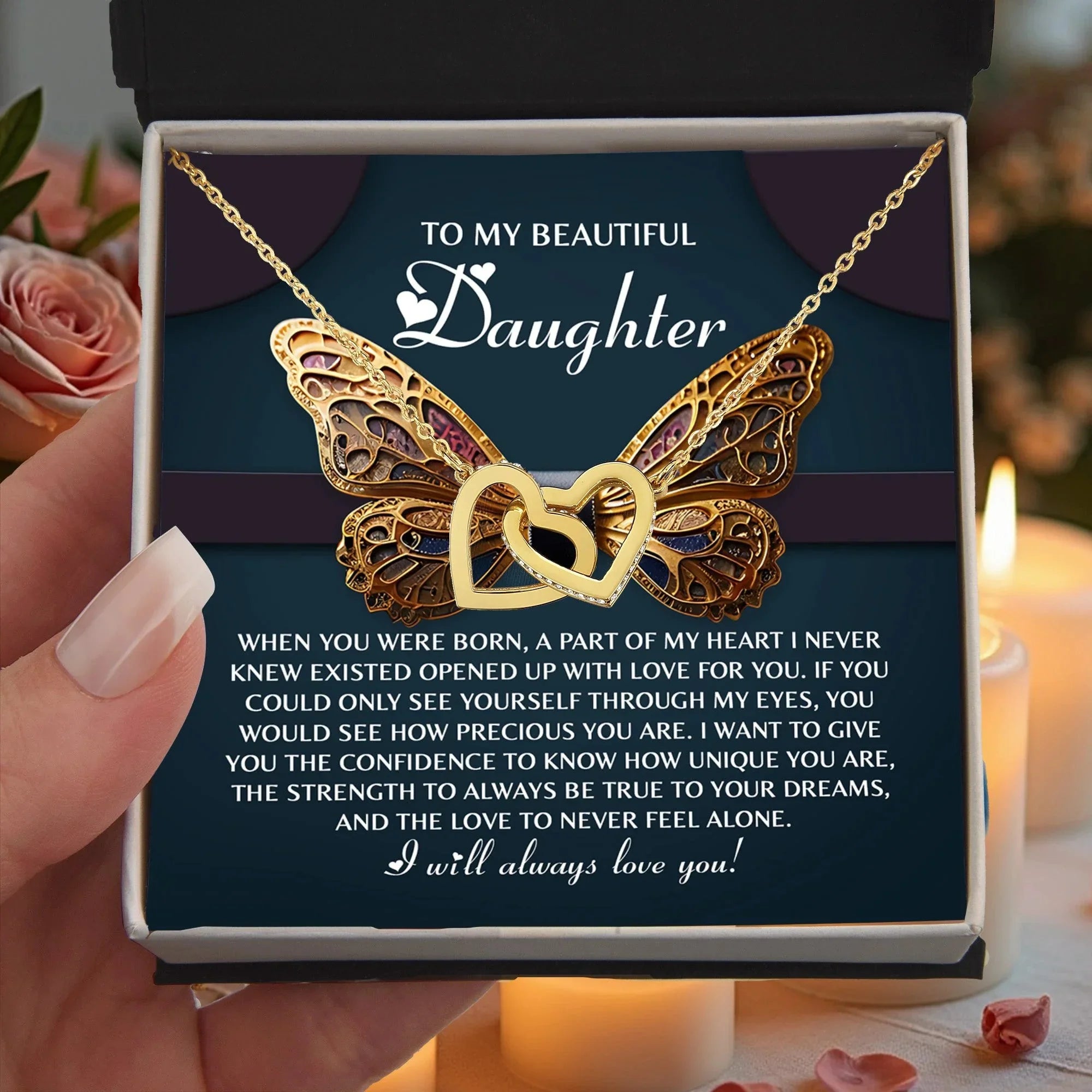 To My Beautiful Daughter- Never Feel Alone - Interlocking Hearts Necklace