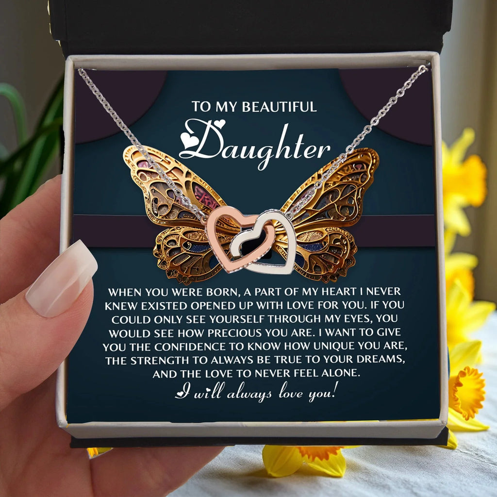 To My Beautiful Daughter- Never Feel Alone - Interlocking Hearts Necklace