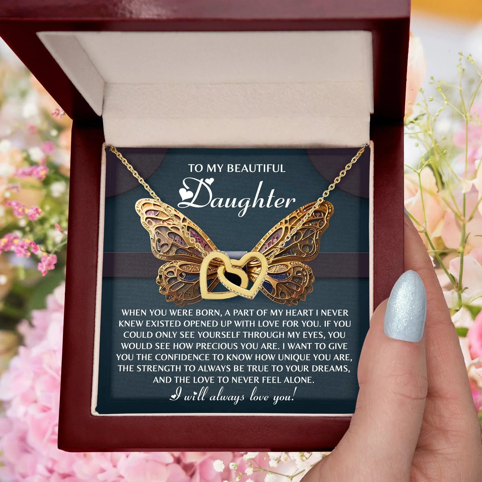 To My Beautiful Daughter- Never Feel Alone - Interlocking Hearts Necklace
