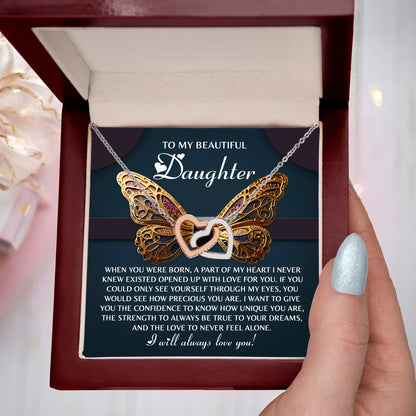 To My Beautiful Daughter- Never Feel Alone - Interlocking Hearts Necklace - Mallard Moon Gift Shop