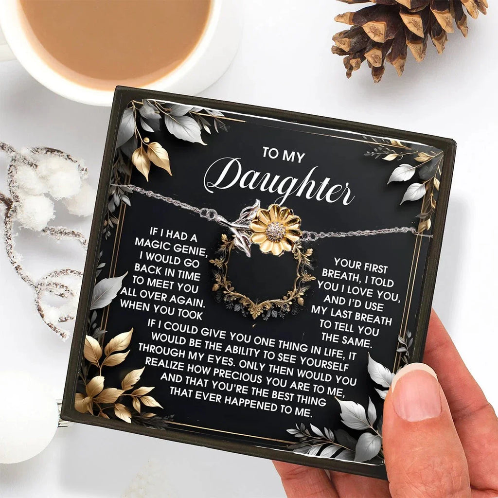Daughter Sunflower Bracelet Sterling Silver with 18K Gold-Plated Petals – Sentimental Birthday, Graduation Christmas Jewelry Gift from Parent – Includes Heartfelt Message Card