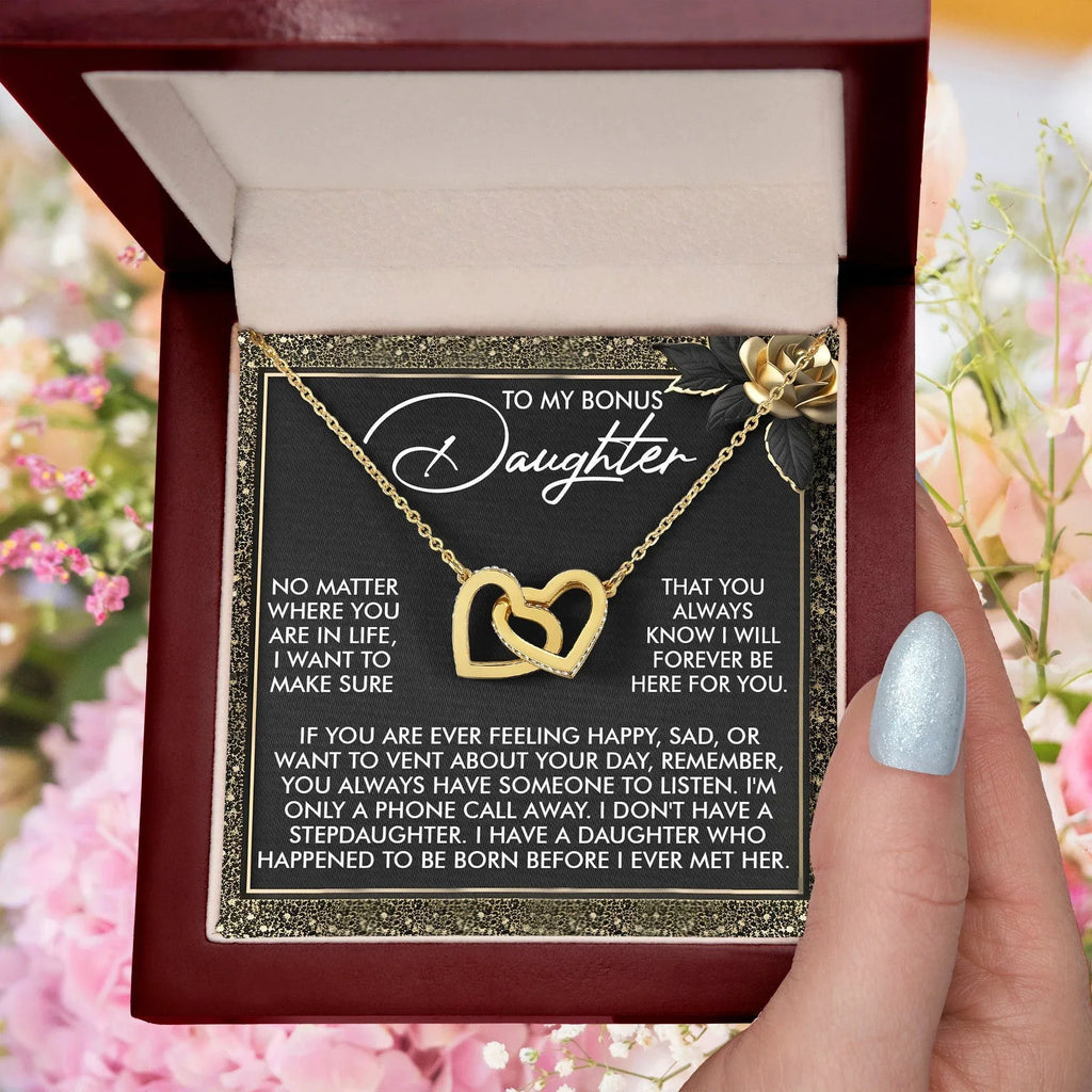 Gift for Bonus Daughter - I Will Forever Be Here for You - Interlocking Hearts Necklace