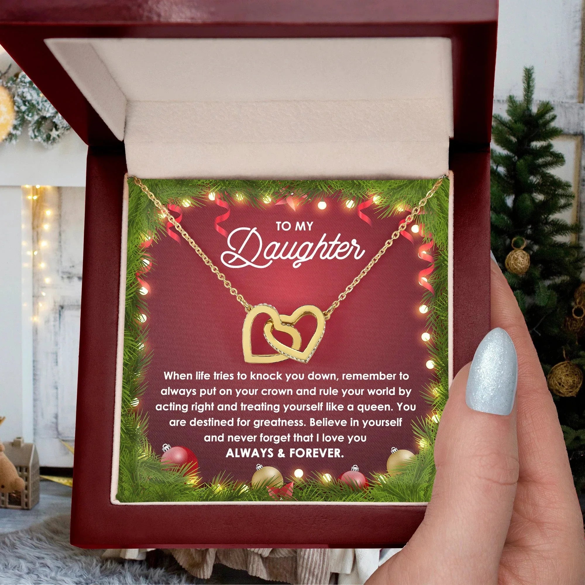Daughter Gift - You Rule the World - Interlocking Hearts Pendant Necklace Christmas Gift
