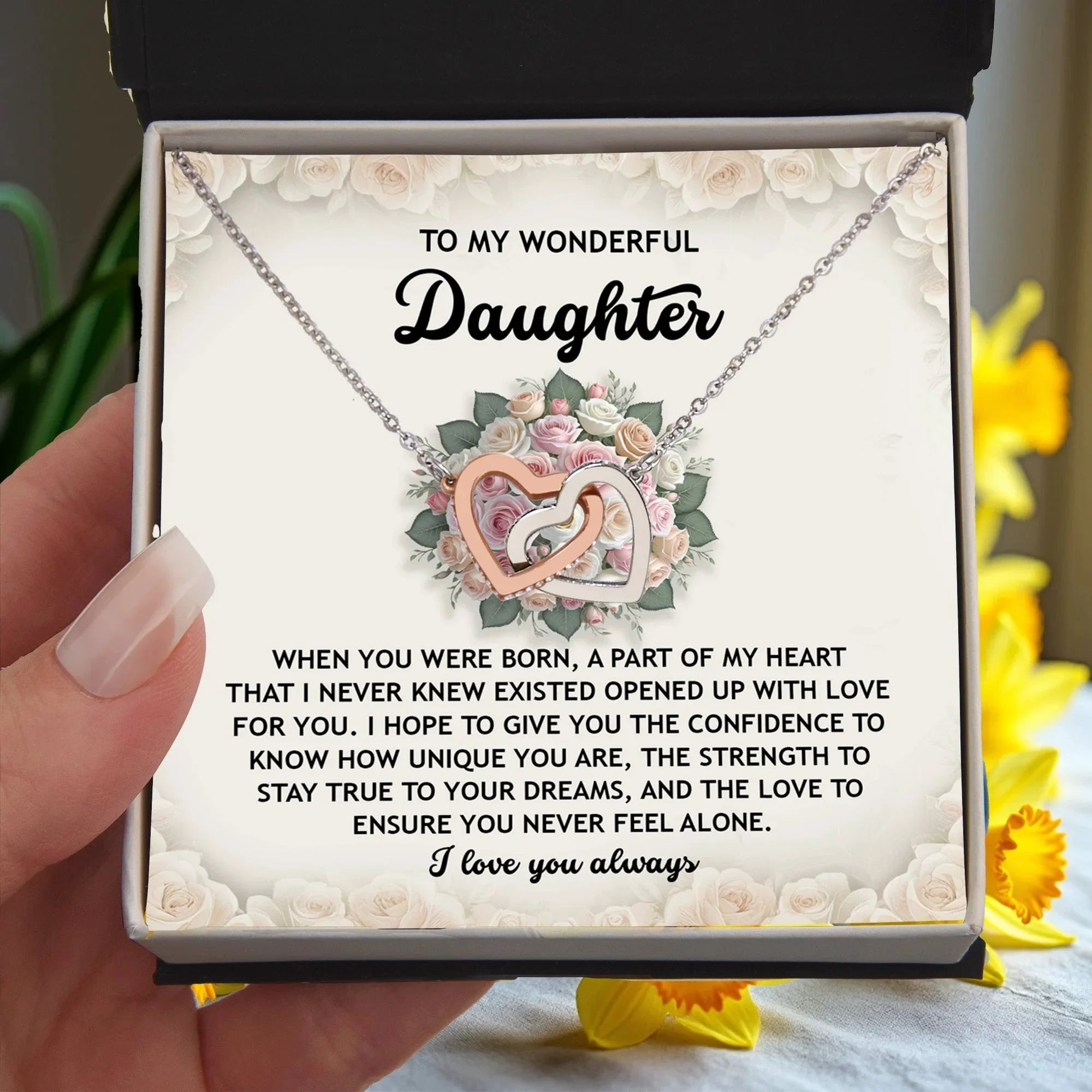 To My Wonderful Daughter -Stay True To Your Dreams- Interlocking Hearts Necklace