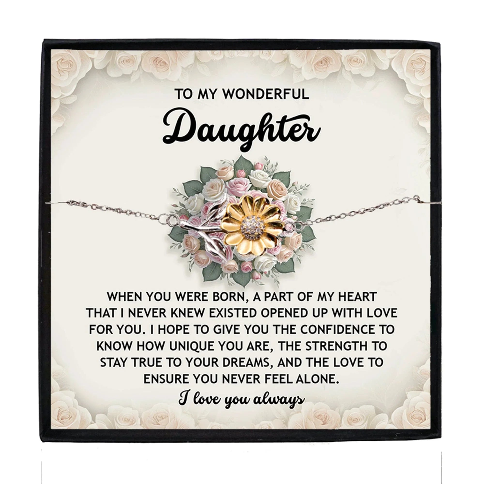 Daughter Sunflower Bracelet – Sentimental Jewelry for Birthday, Graduation, Christmas Gift from Parent – Includes Heartfelt Message Card - Never Feel Alone